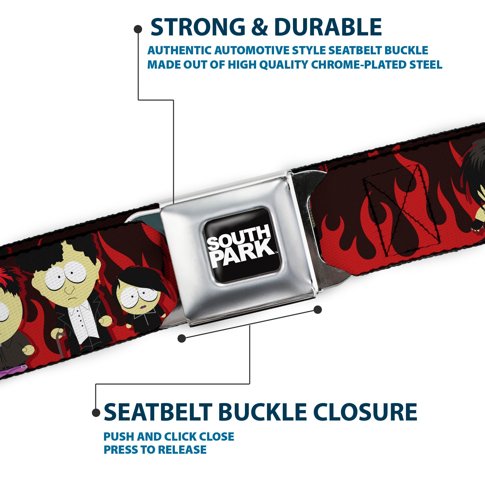 SOUTH PARK Title Logo Full Color Black/White Seatbelt Belt - South Park Goth Kids Poses Flame Reds Webbing