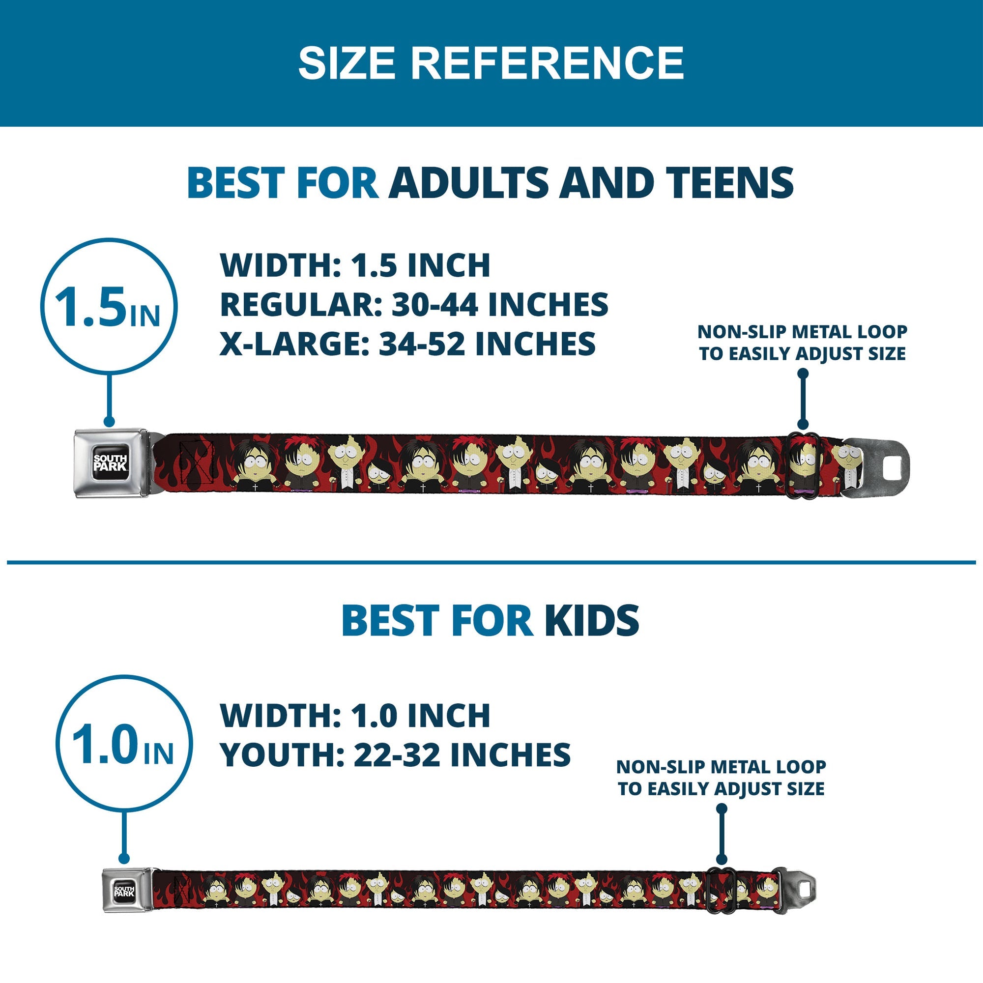 SOUTH PARK Title Logo Full Color Black/White Seatbelt Belt - South Park Goth Kids Poses Flame Reds Webbing