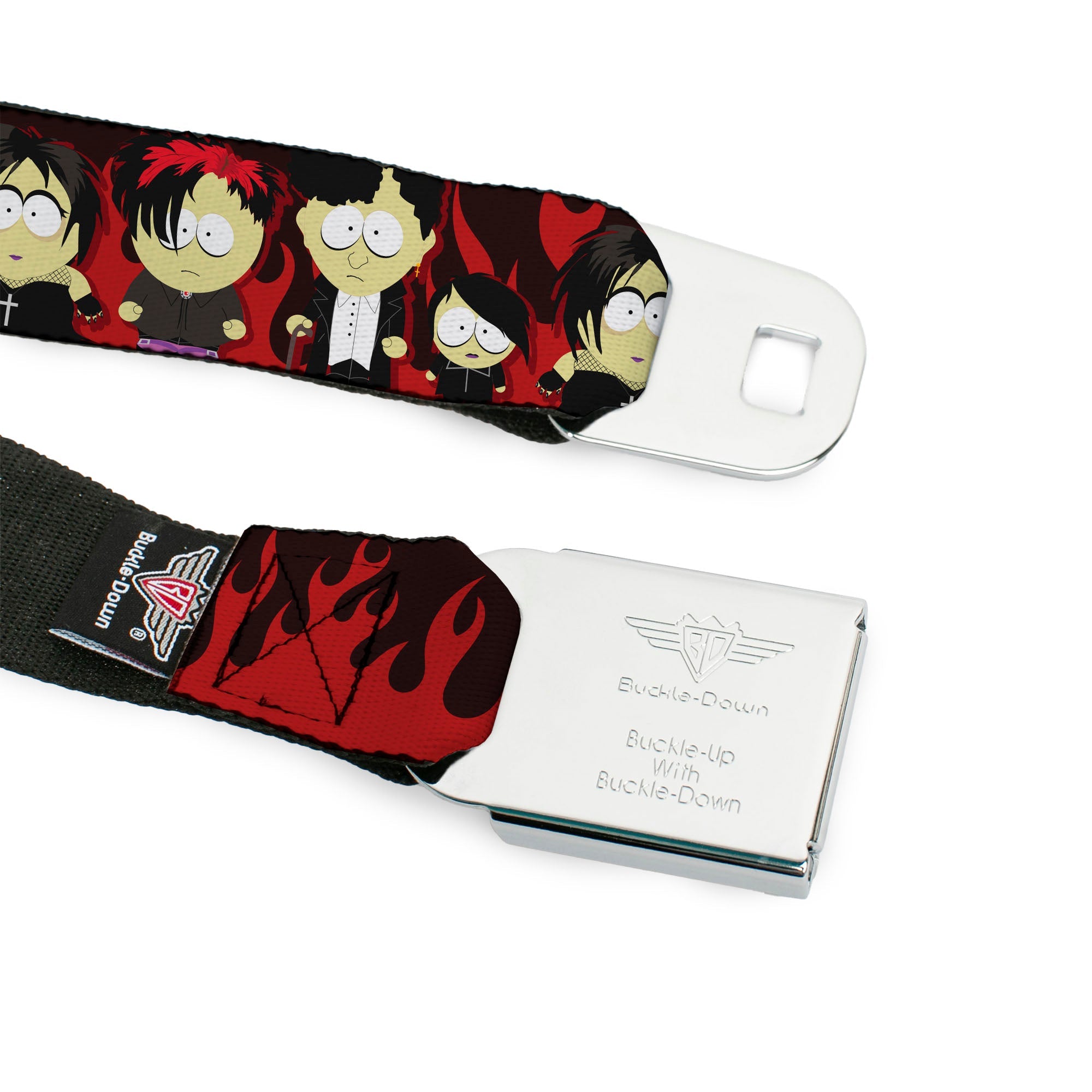 SOUTH PARK Title Logo Full Color Black/White Seatbelt Belt - South Park Goth Kids Poses Flame Reds Webbing