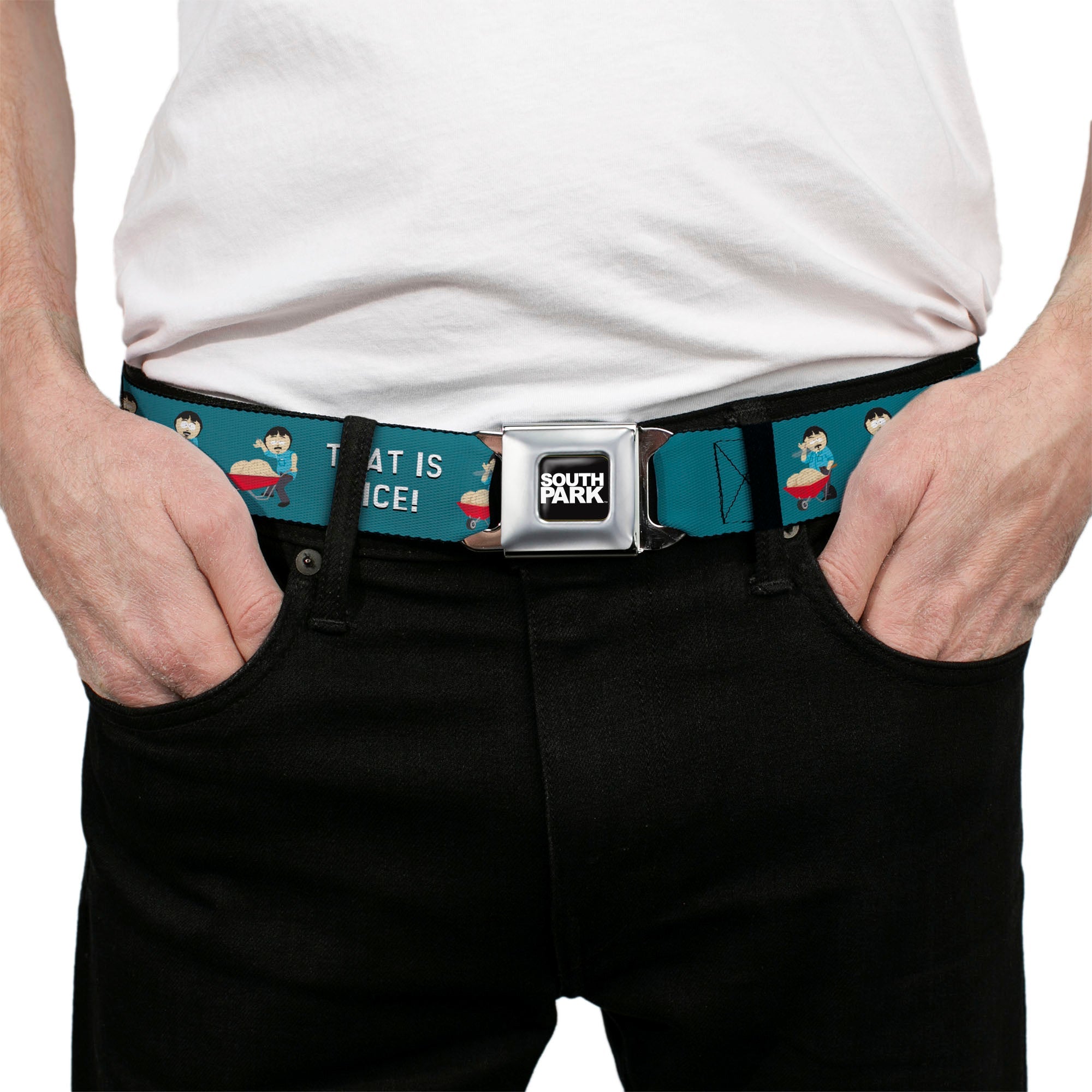 SOUTH PARK Title Logo Full Color Black/White Seatbelt Belt - South Park Randy Marsh THAT IS NICE Big Balls Poses Blue Webbing