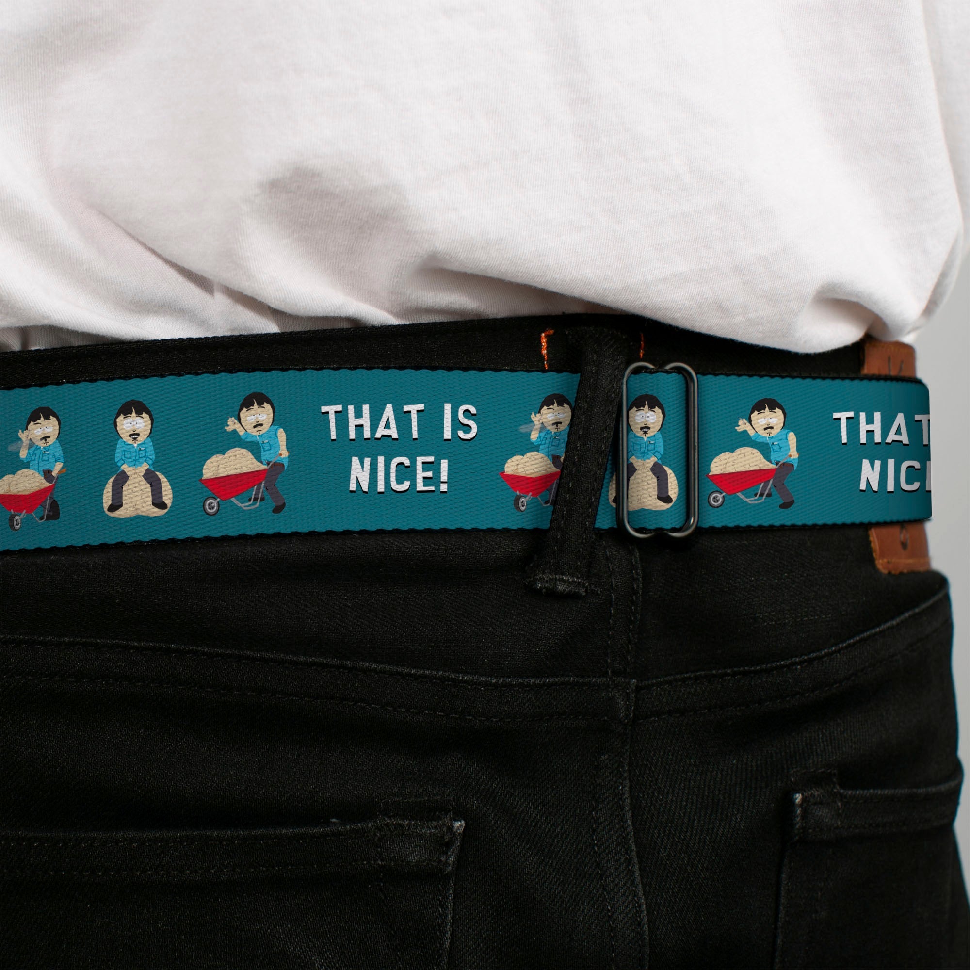 SOUTH PARK Title Logo Full Color Black/White Seatbelt Belt - South Park Randy Marsh THAT IS NICE Big Balls Poses Blue Webbing