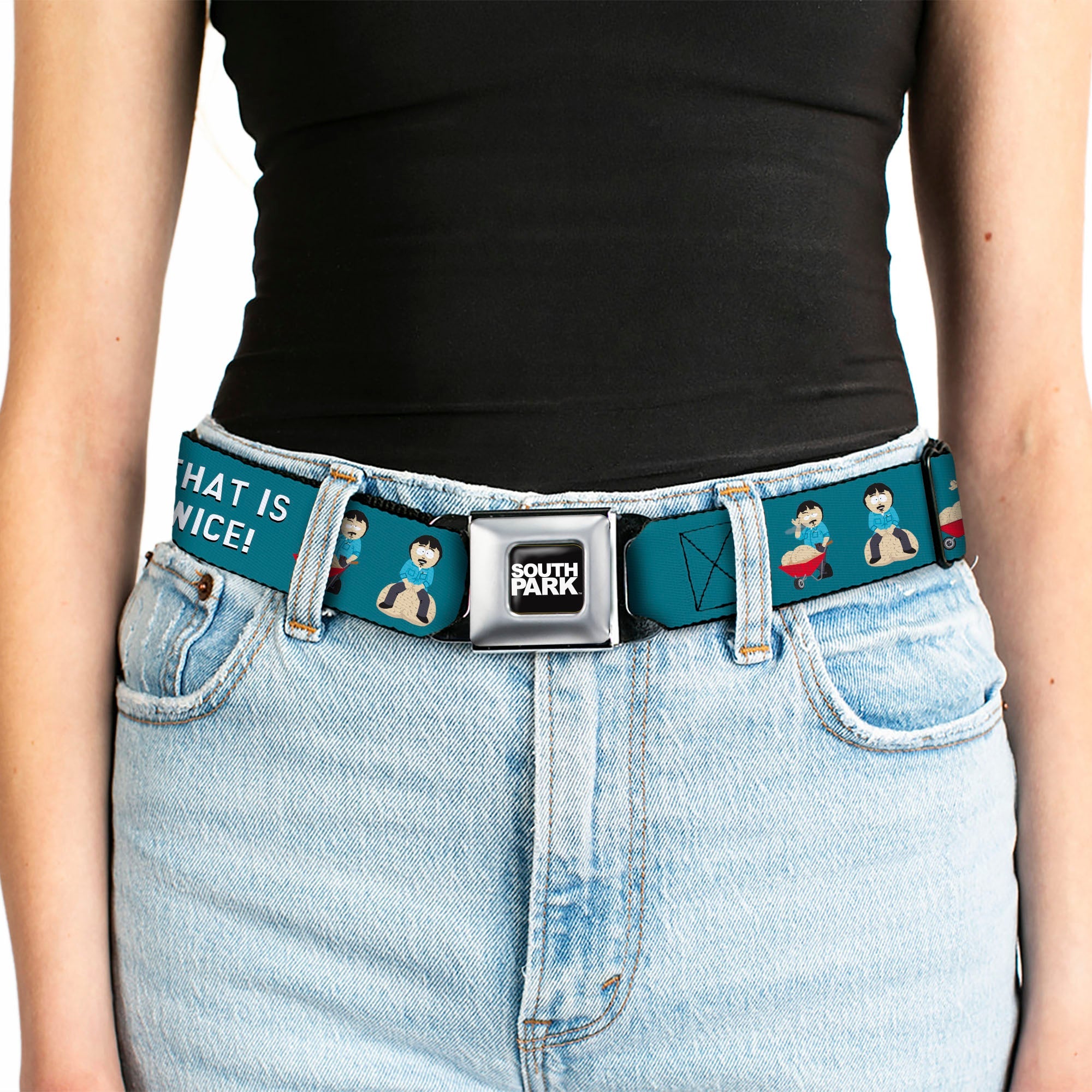 SOUTH PARK Title Logo Full Color Black/White Seatbelt Belt - South Park Randy Marsh THAT IS NICE Big Balls Poses Blue Webbing
