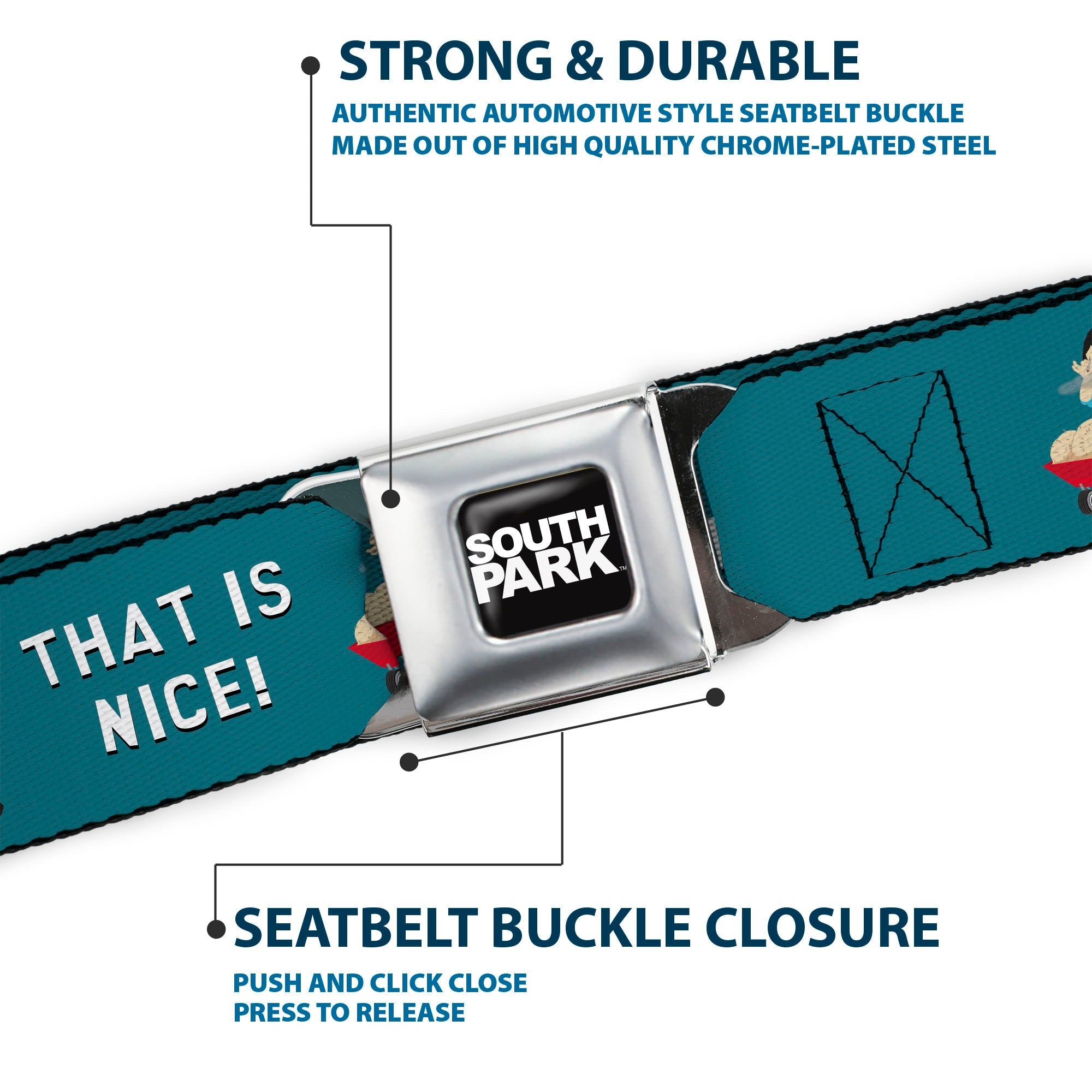 SOUTH PARK Title Logo Full Color Black/White Seatbelt Belt - South Park Randy Marsh THAT IS NICE Big Balls Poses Blue Webbing