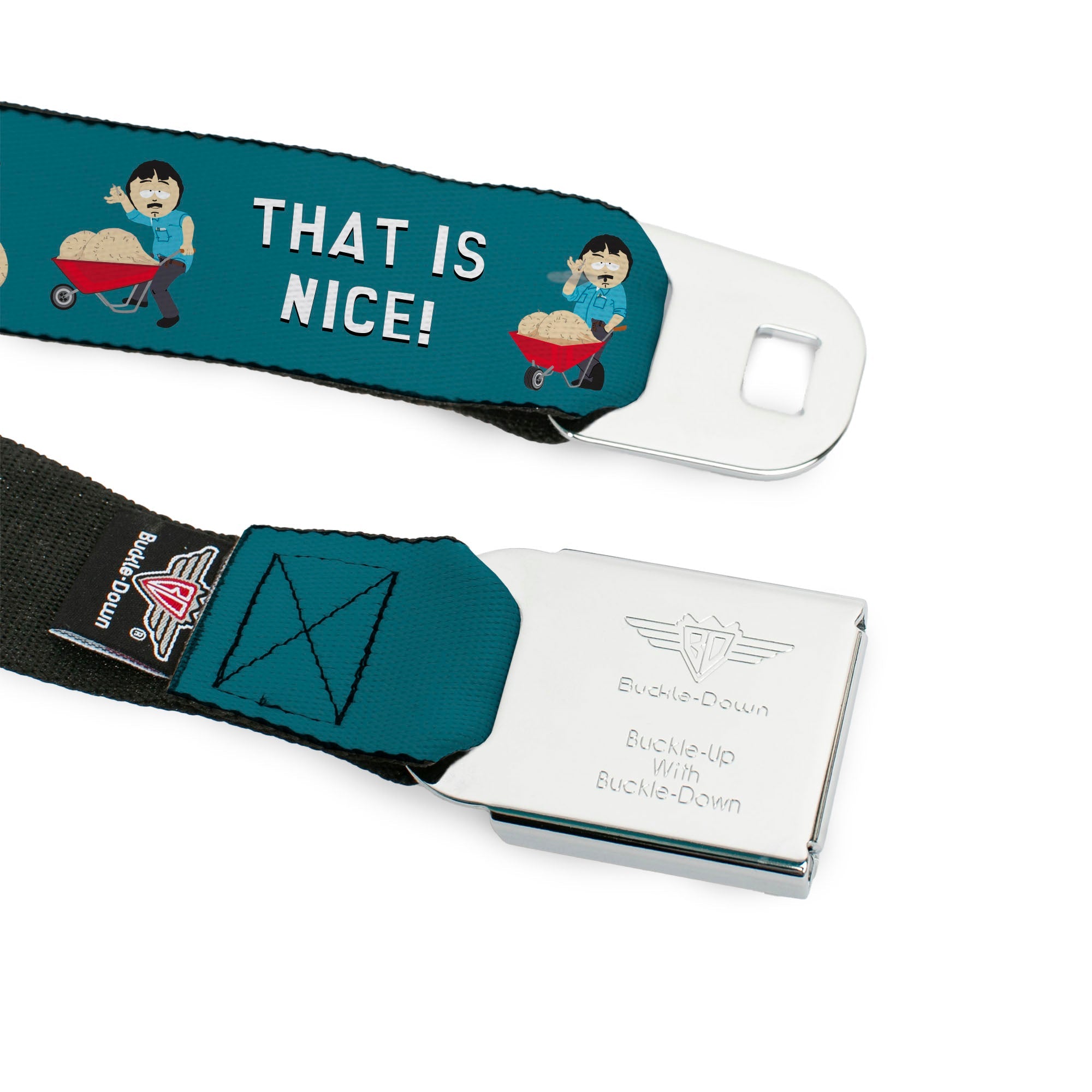 SOUTH PARK Title Logo Full Color Black/White Seatbelt Belt - South Park Randy Marsh THAT IS NICE Big Balls Poses Blue Webbing
