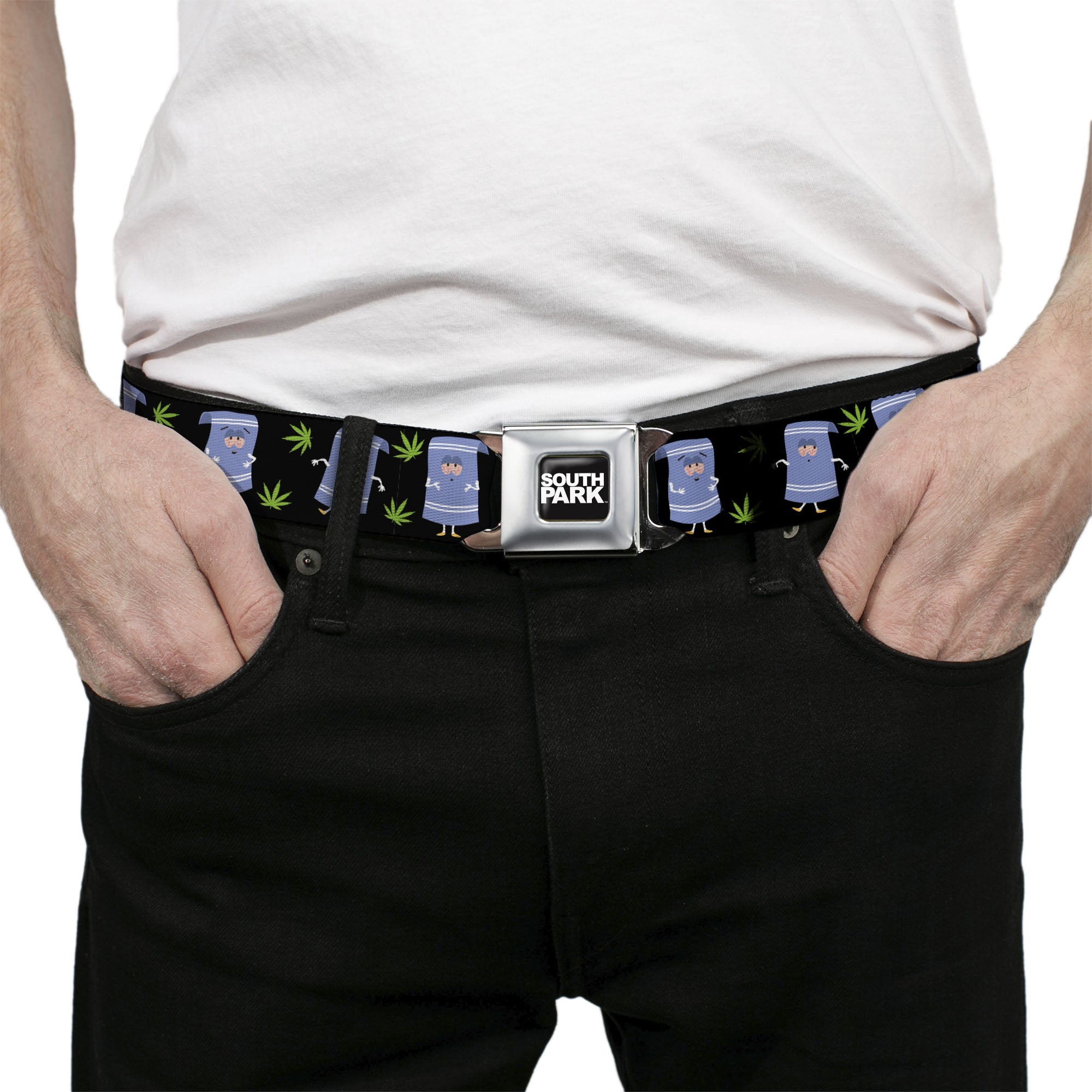 SOUTH PARK Title Logo Full Color Black/White Seatbelt Belt - South Park Towlie and Scattered Pot Leaves Black Webbing