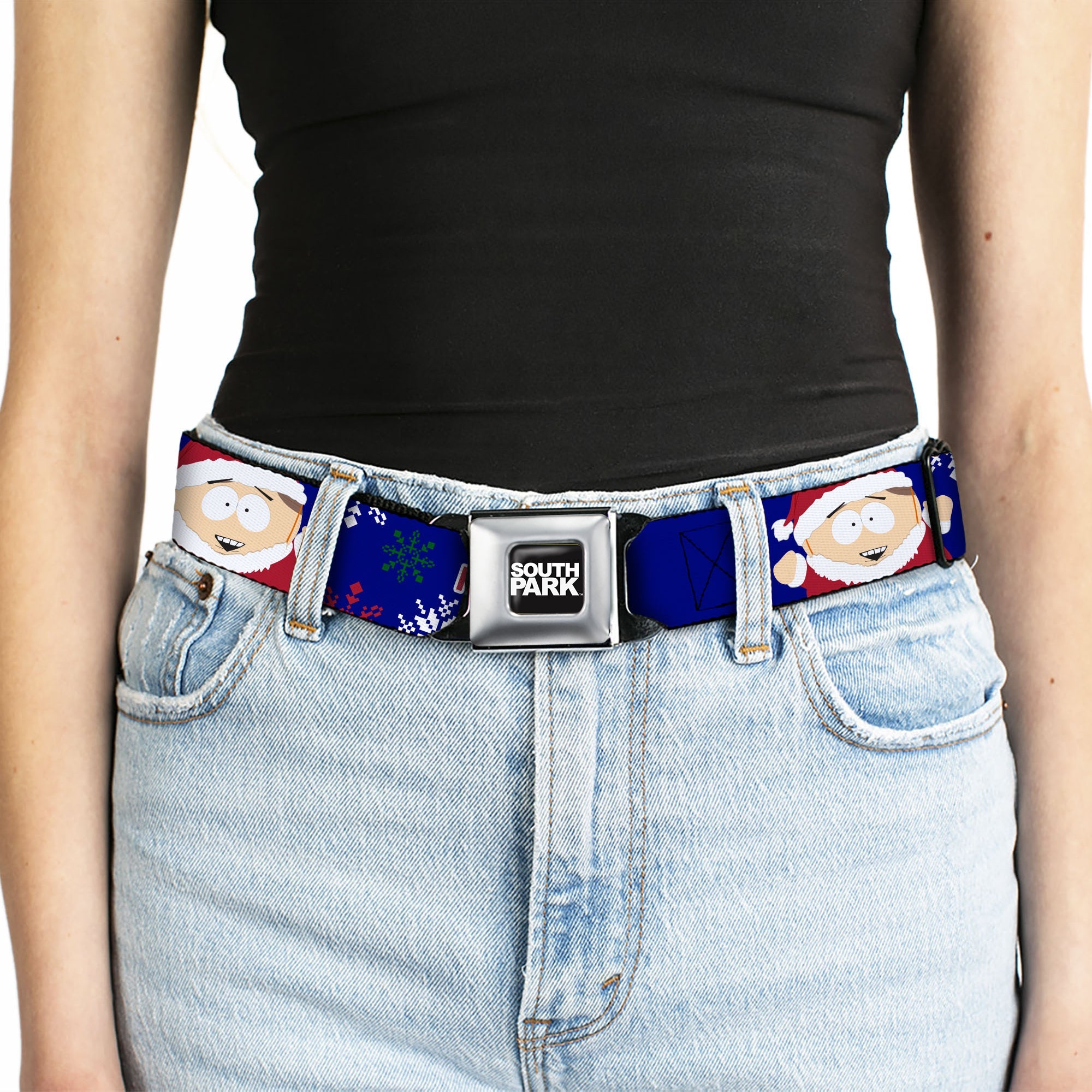 SOUTH PARK Title Logo Full Color Black/White Seatbelt Belt - South Park Cartman Holiday Quote Sweater Stitch Pose Blue Webbing