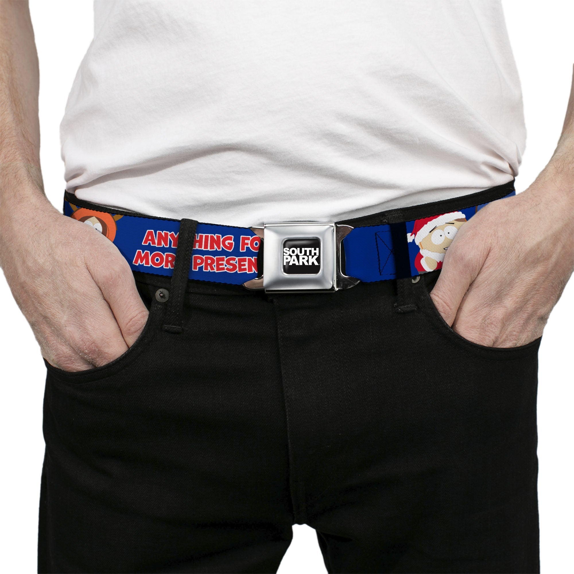 SOUTH PARK Title Logo Full Color Black/White Seatbelt Belt - South Park Boys ANYTHING FOR MORE PRESENTS Pose Blue Webbing