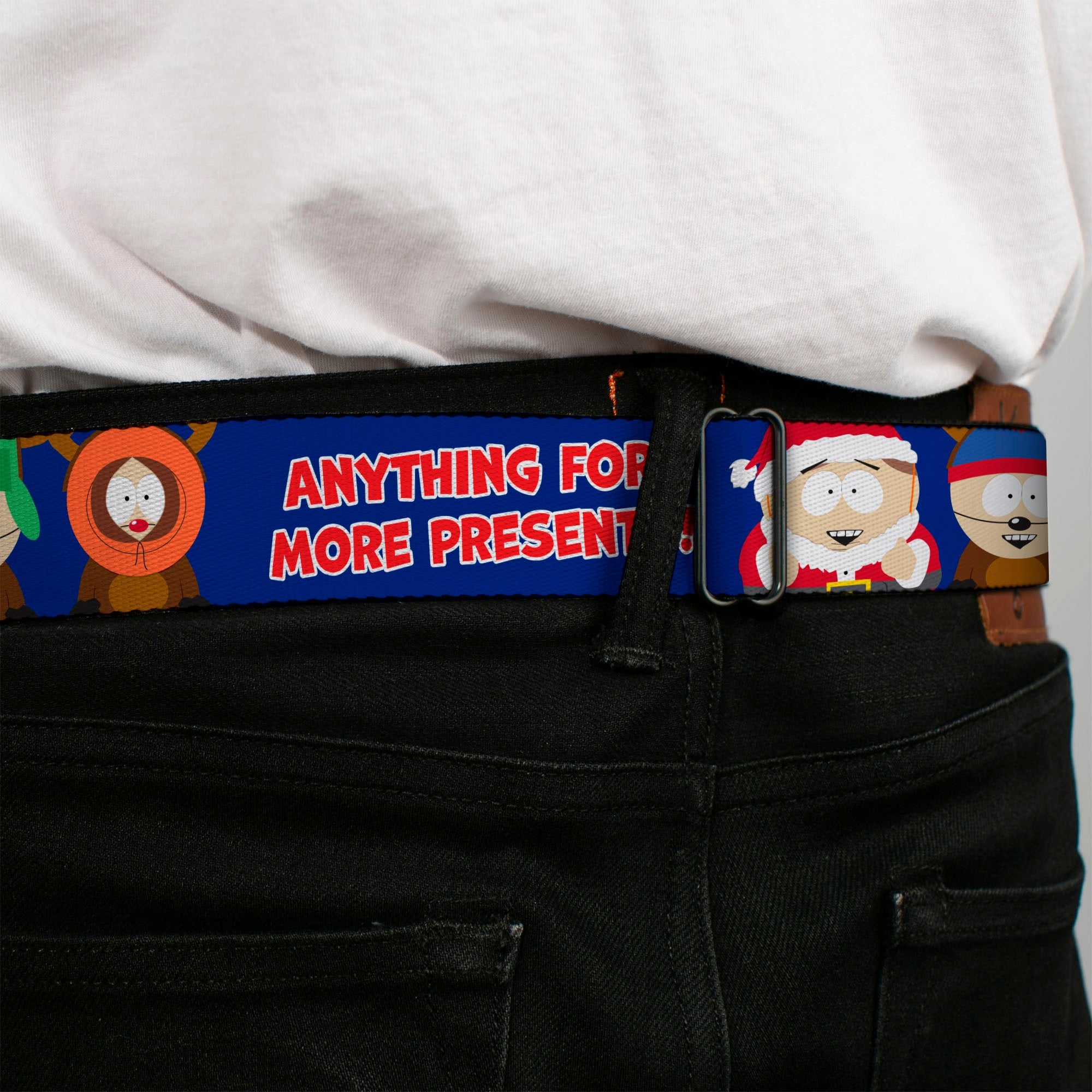 SOUTH PARK Title Logo Full Color Black/White Seatbelt Belt - South Park Boys ANYTHING FOR MORE PRESENTS Pose Blue Webbing