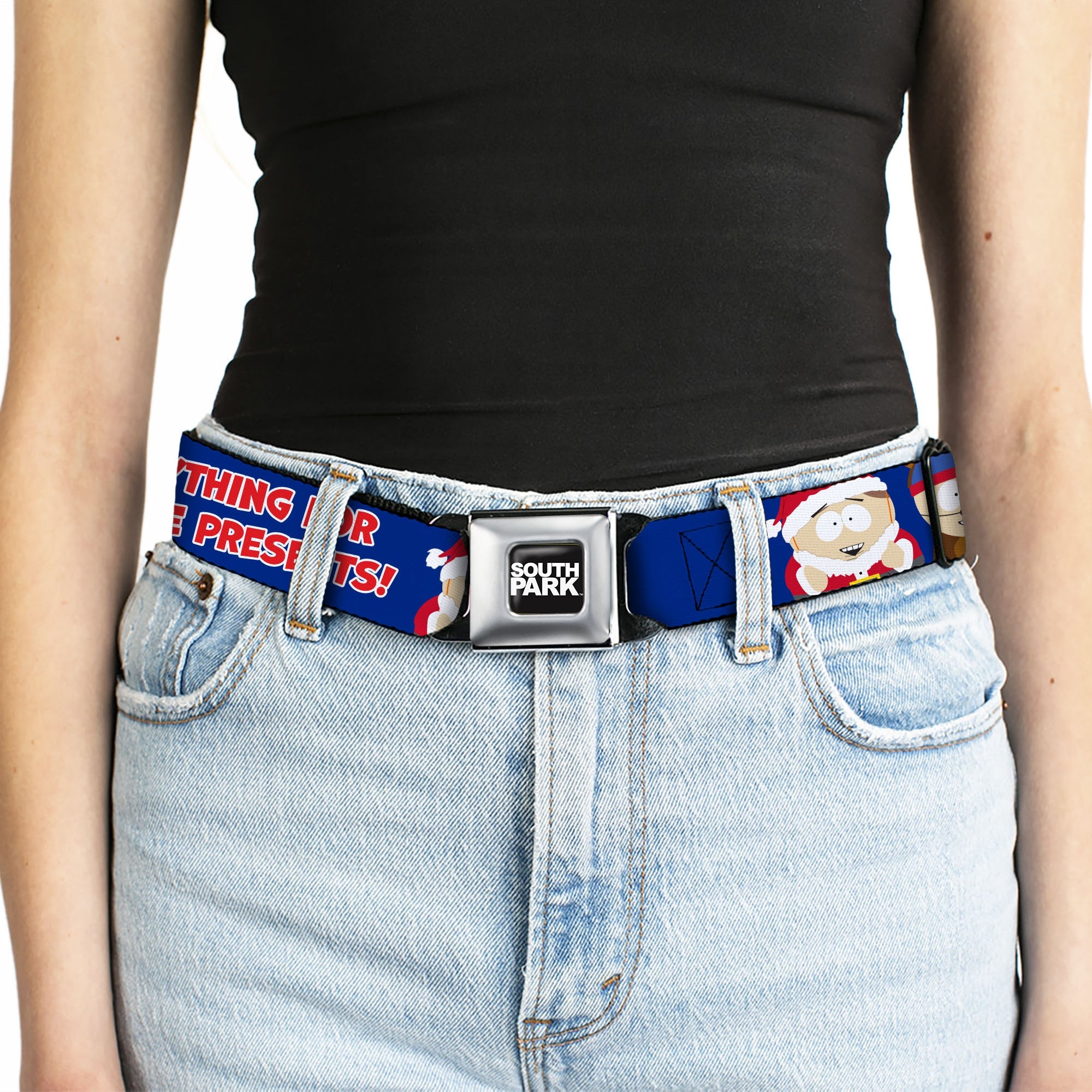 SOUTH PARK Title Logo Full Color Black/White Seatbelt Belt - South Park Boys ANYTHING FOR MORE PRESENTS Pose Blue Webbing