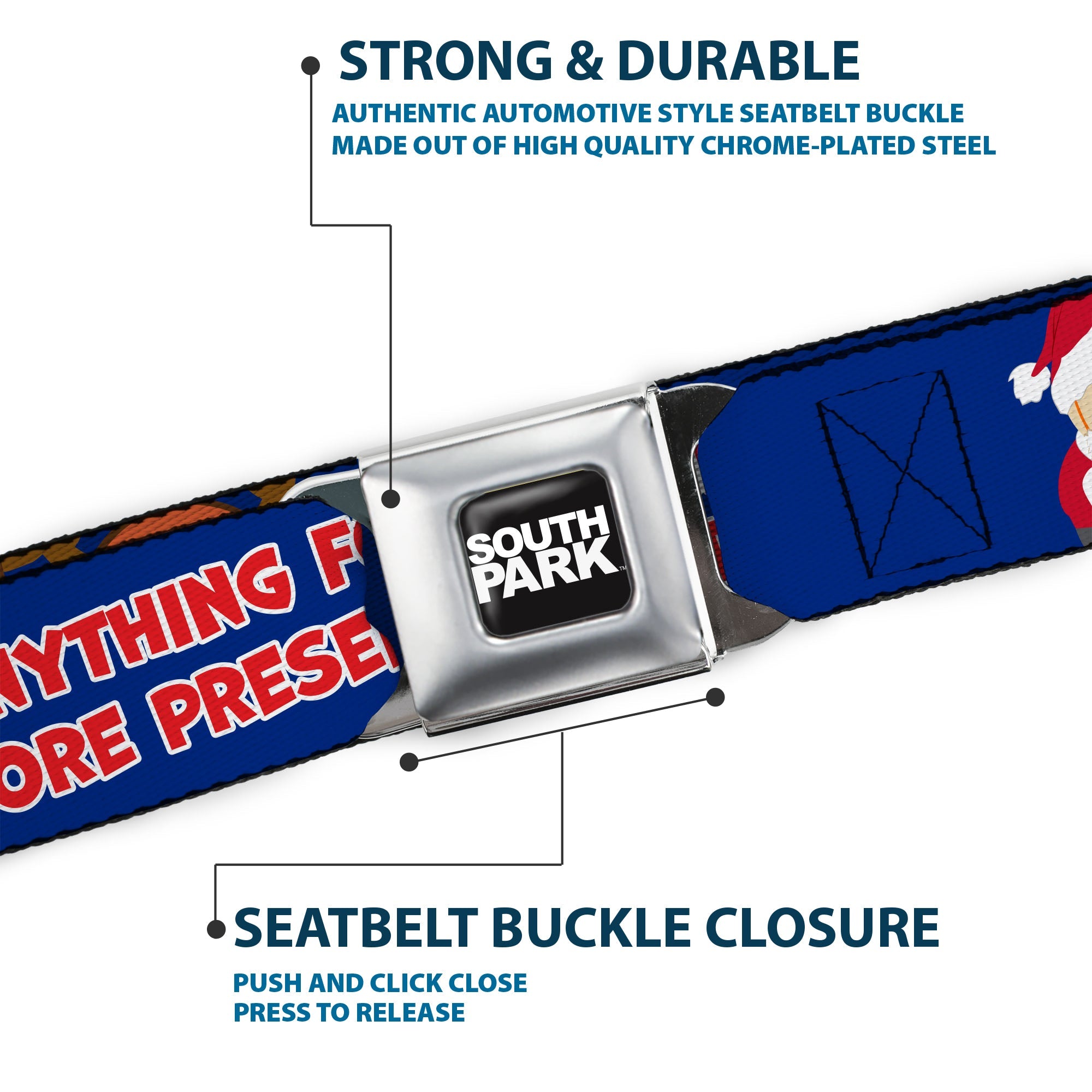 SOUTH PARK Title Logo Full Color Black/White Seatbelt Belt - South Park Boys ANYTHING FOR MORE PRESENTS Pose Blue Webbing