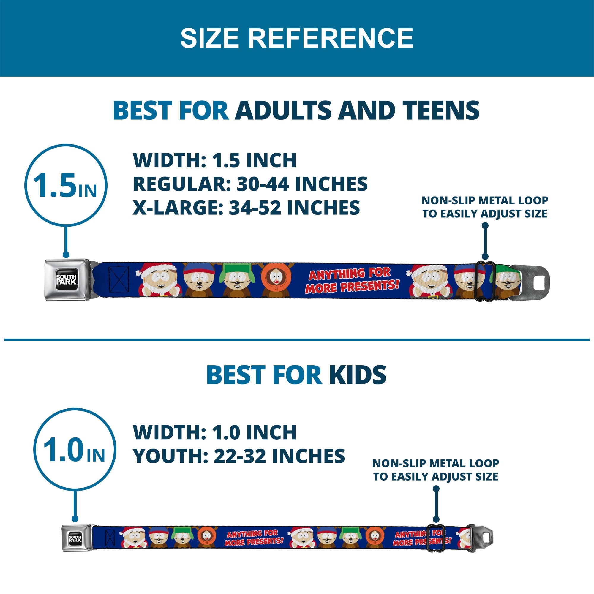 SOUTH PARK Title Logo Full Color Black/White Seatbelt Belt - South Park Boys ANYTHING FOR MORE PRESENTS Pose Blue Webbing