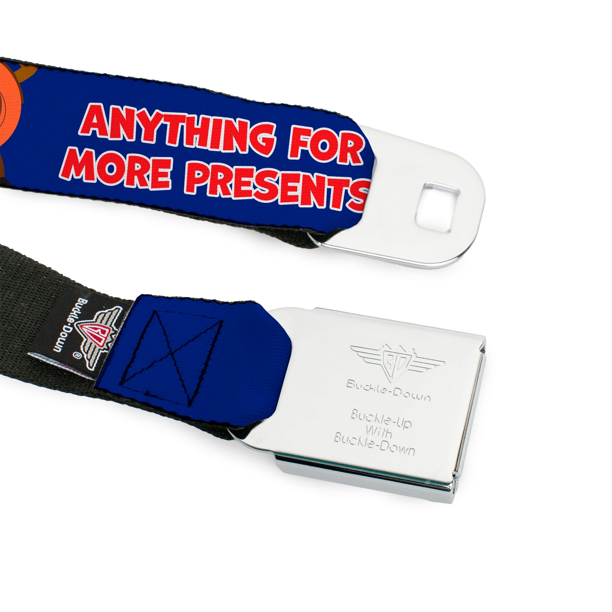 SOUTH PARK Title Logo Full Color Black/White Seatbelt Belt - South Park Boys ANYTHING FOR MORE PRESENTS Pose Blue Webbing