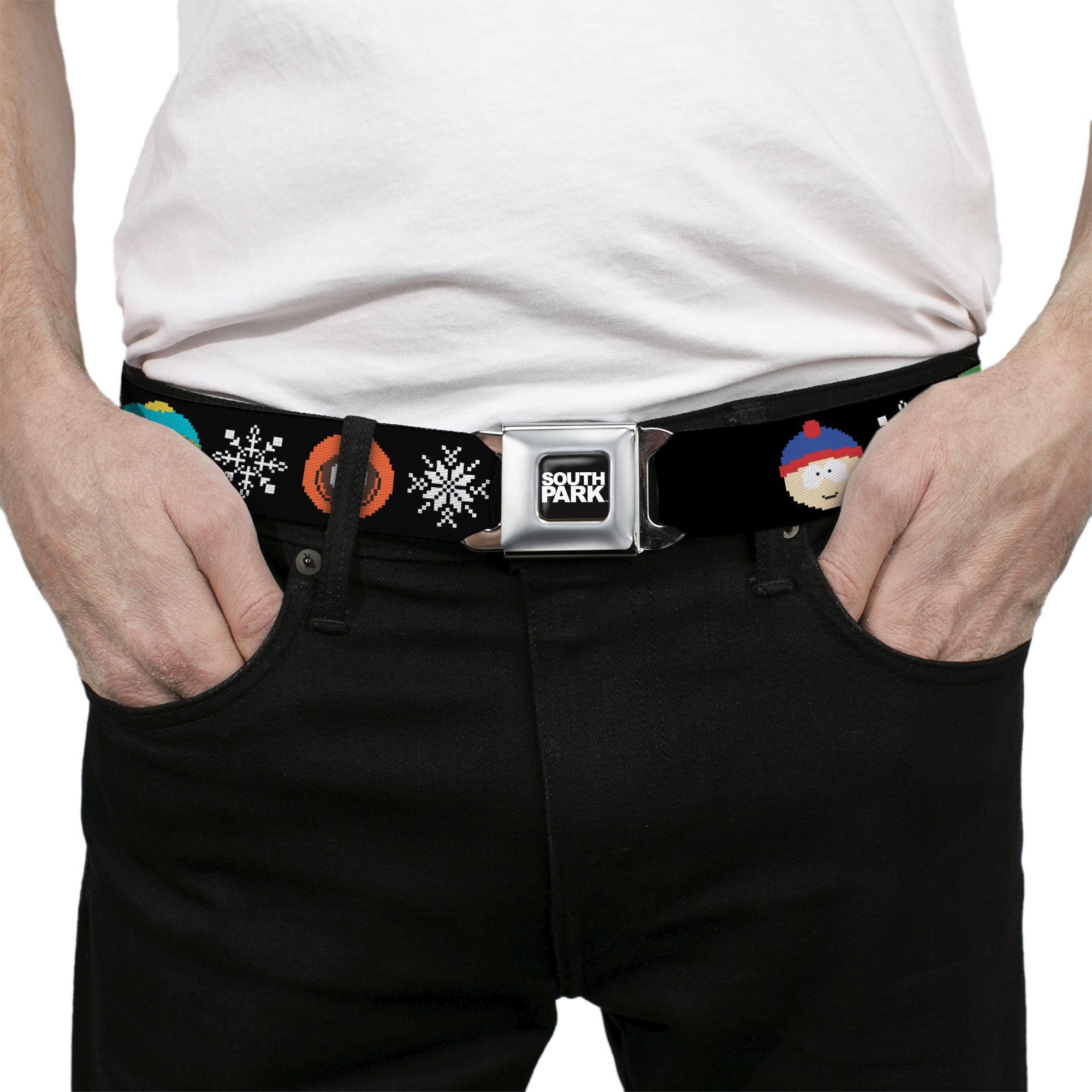 SOUTH PARK Title Logo Full Color Black/White Seatbelt Belt - South Park Boys Ugly Christmas Sweater Faces Black Webbing