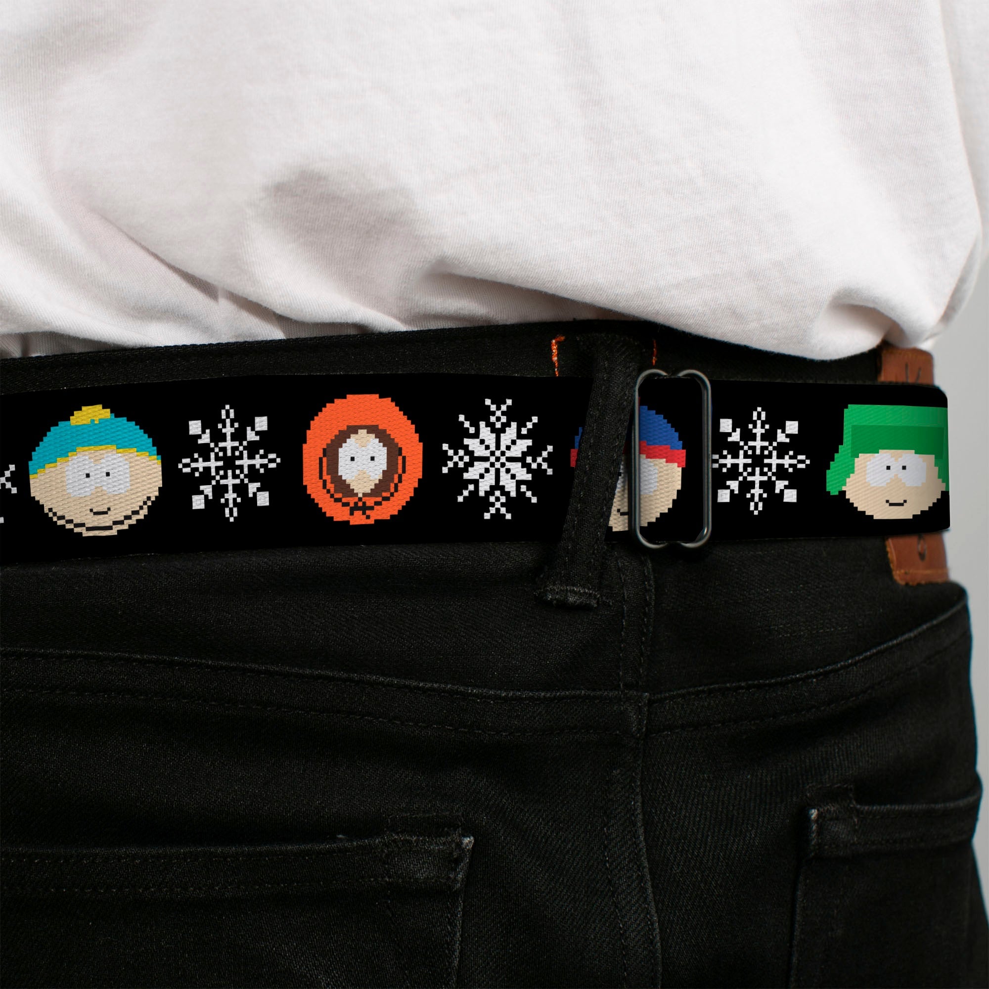 SOUTH PARK Title Logo Full Color Black/White Seatbelt Belt - South Park Boys Ugly Christmas Sweater Faces Black Webbing