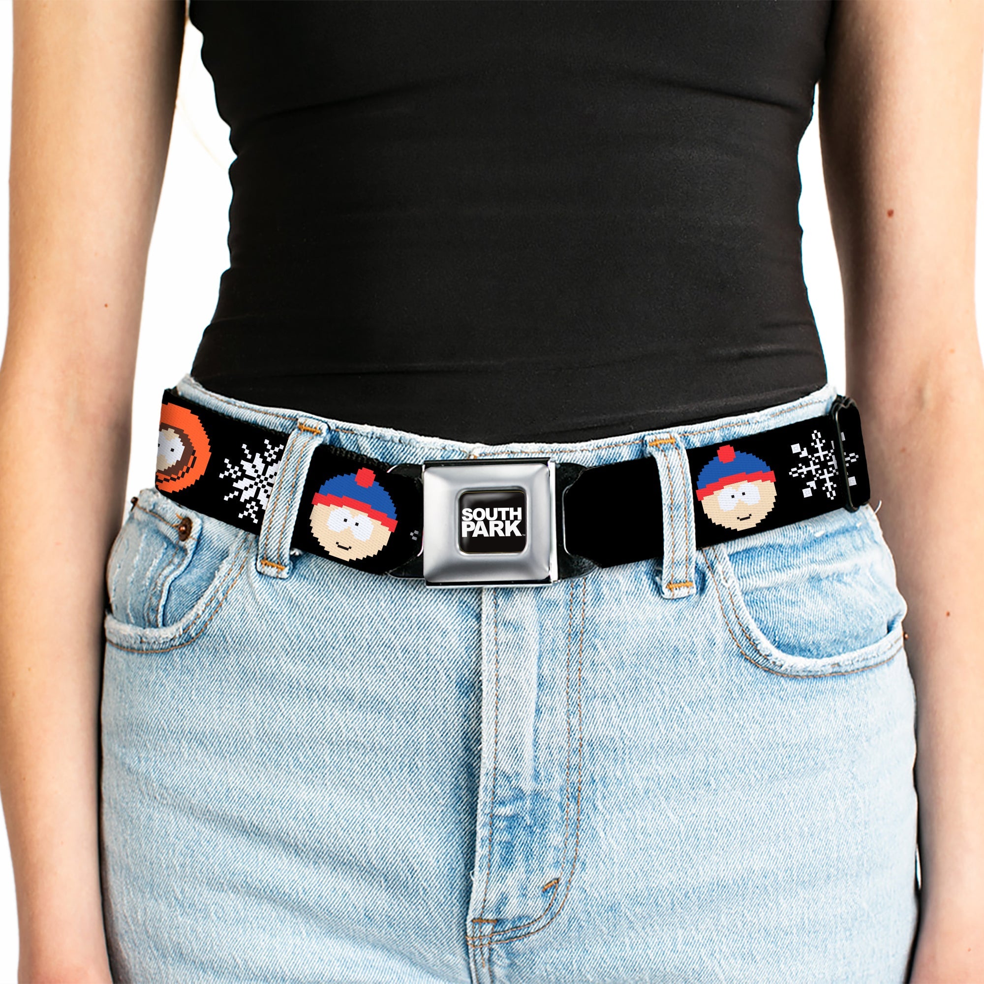 SOUTH PARK Title Logo Full Color Black/White Seatbelt Belt - South Park Boys Ugly Christmas Sweater Faces Black Webbing