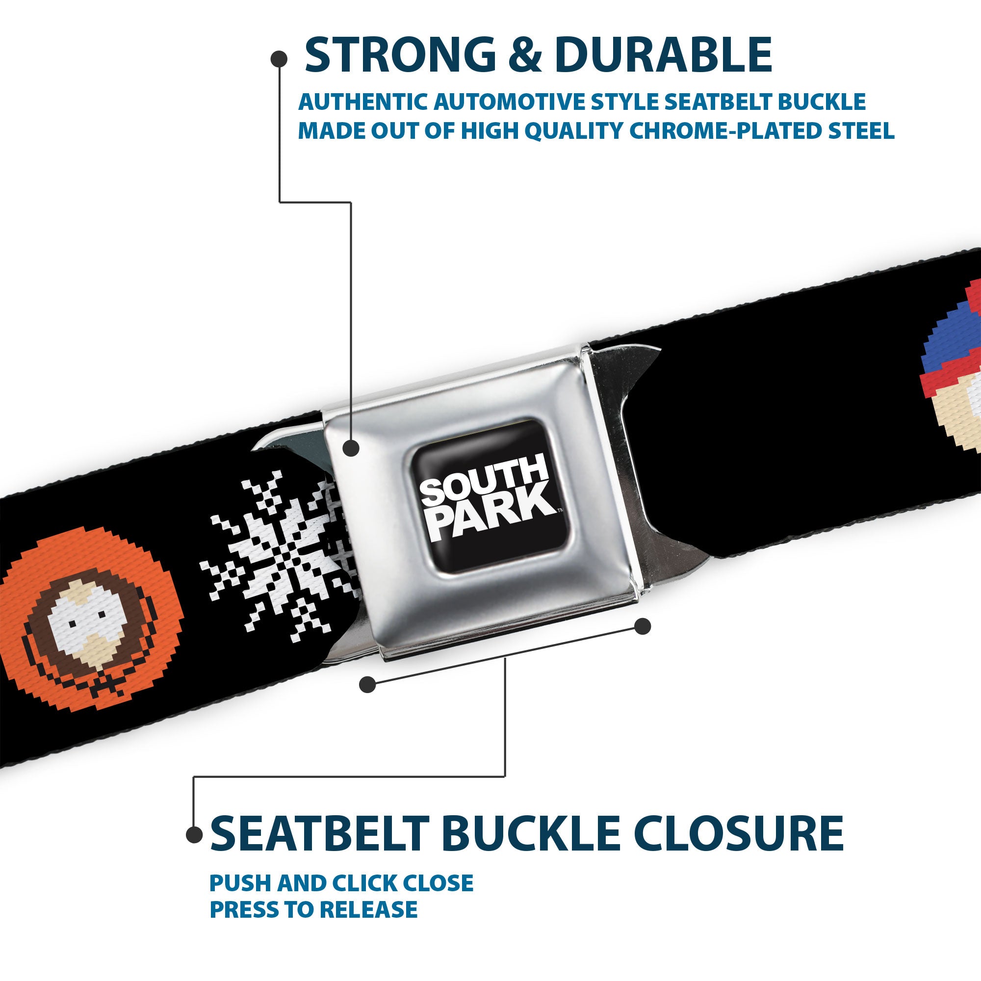 SOUTH PARK Title Logo Full Color Black/White Seatbelt Belt - South Park Boys Ugly Christmas Sweater Faces Black Webbing