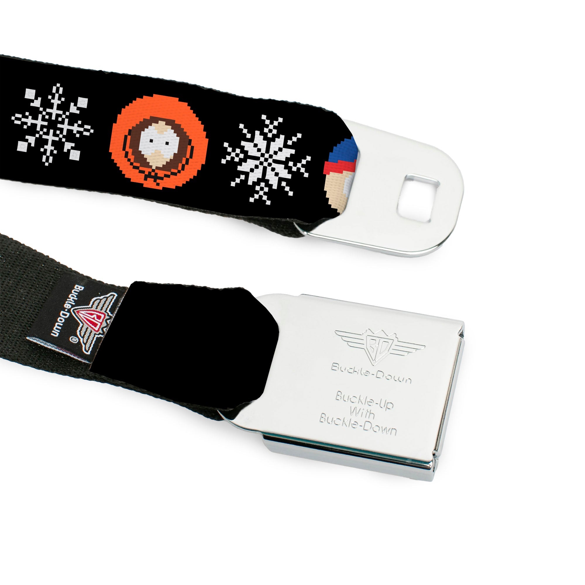 SOUTH PARK Title Logo Full Color Black/White Seatbelt Belt - South Park Boys Ugly Christmas Sweater Faces Black Webbing