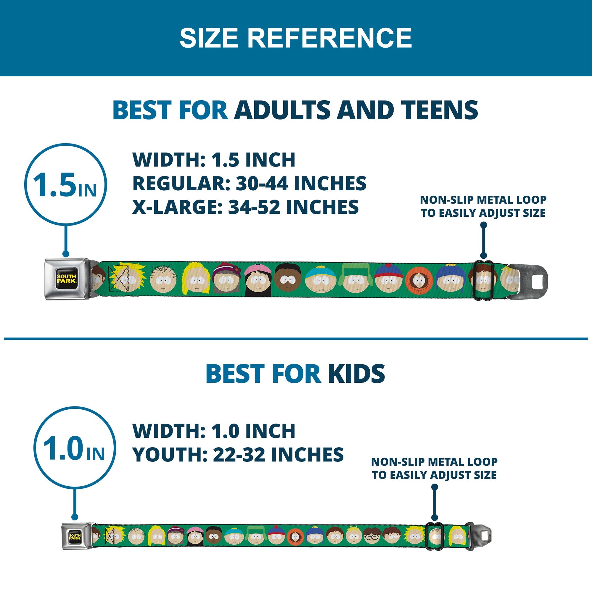 SOUTH PARK Title Logo Full Color Black/Yellow Seatbelt Belt - South Park Kids Faces Green Webbing