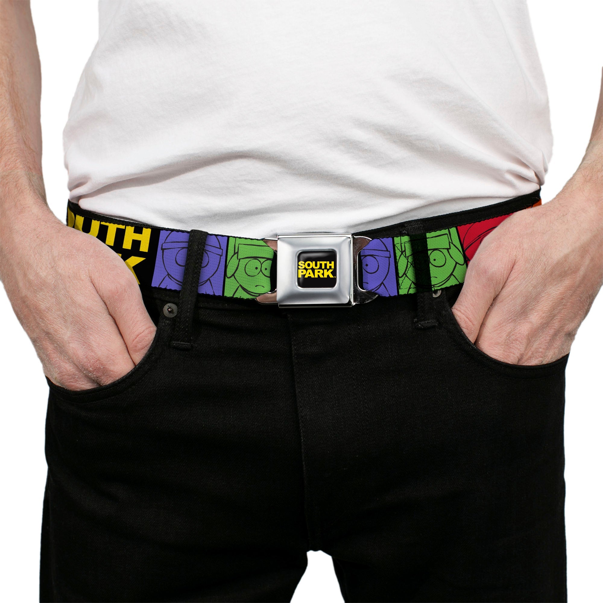 SOUTH PARK Title Logo Full Color Black/Yellow Seatbelt Belt - SOUTH PARK Boys Face Drawing and Title Logo Color Block Multi Color Webbing