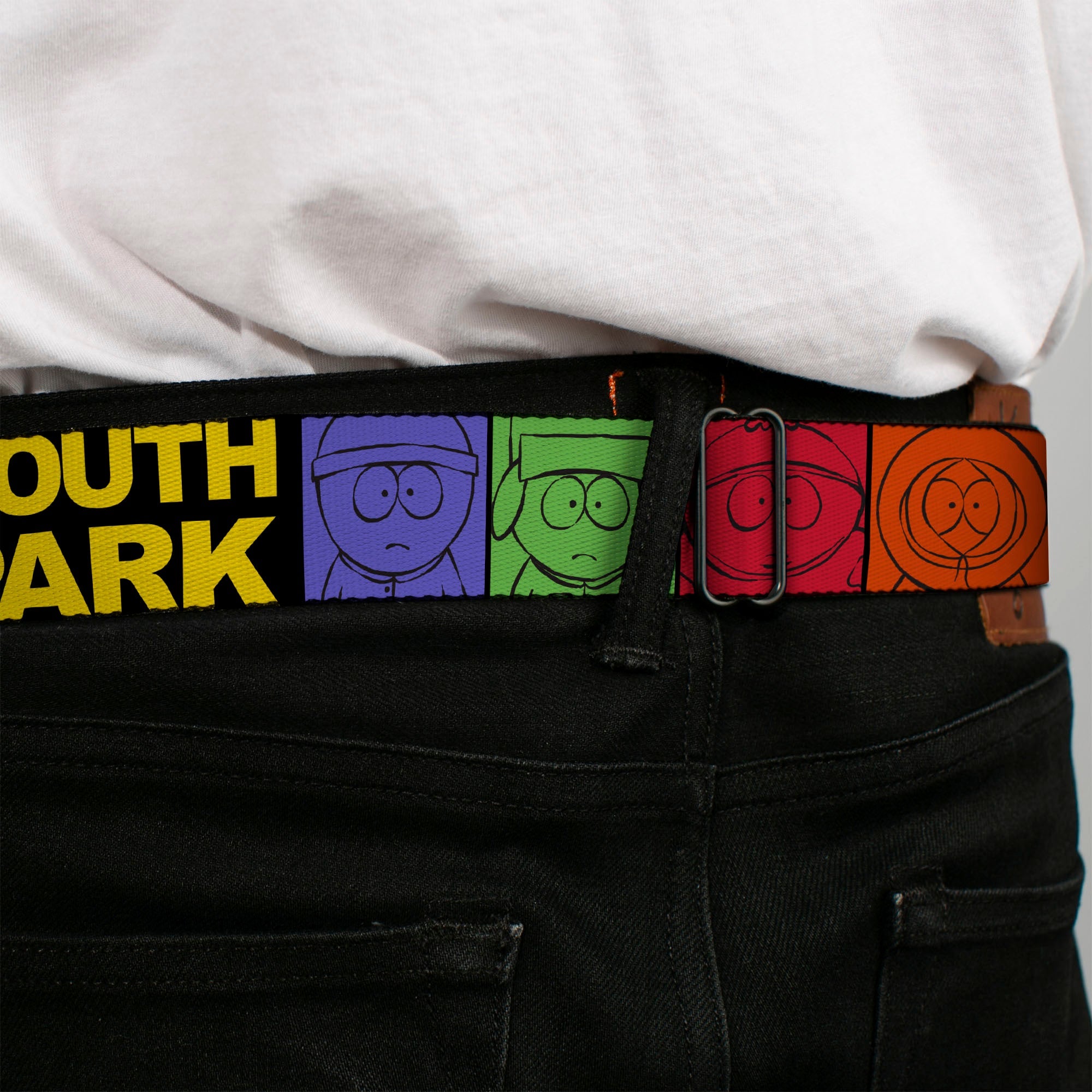 SOUTH PARK Title Logo Full Color Black/Yellow Seatbelt Belt - SOUTH PARK Boys Face Drawing and Title Logo Color Block Multi Color Webbing