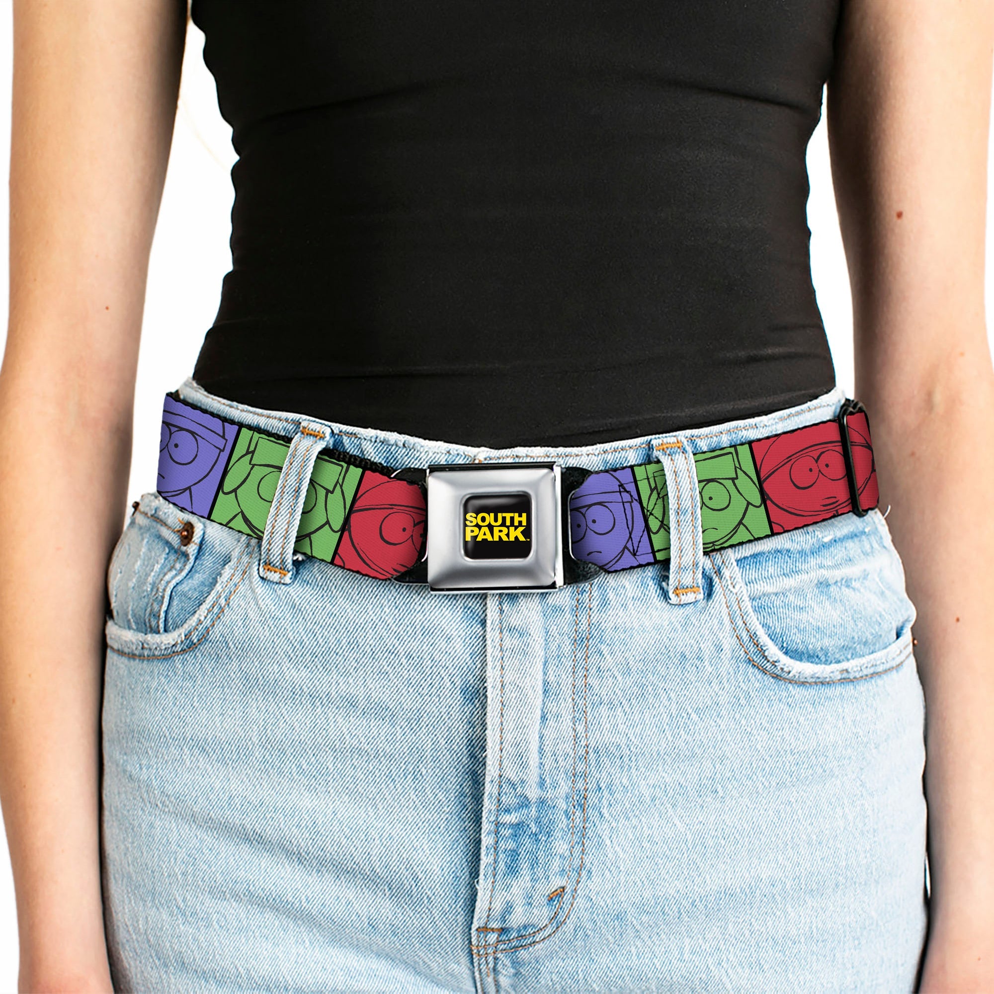 SOUTH PARK Title Logo Full Color Black/Yellow Seatbelt Belt - SOUTH PARK Boys Face Drawing and Title Logo Color Block Multi Color Webbing