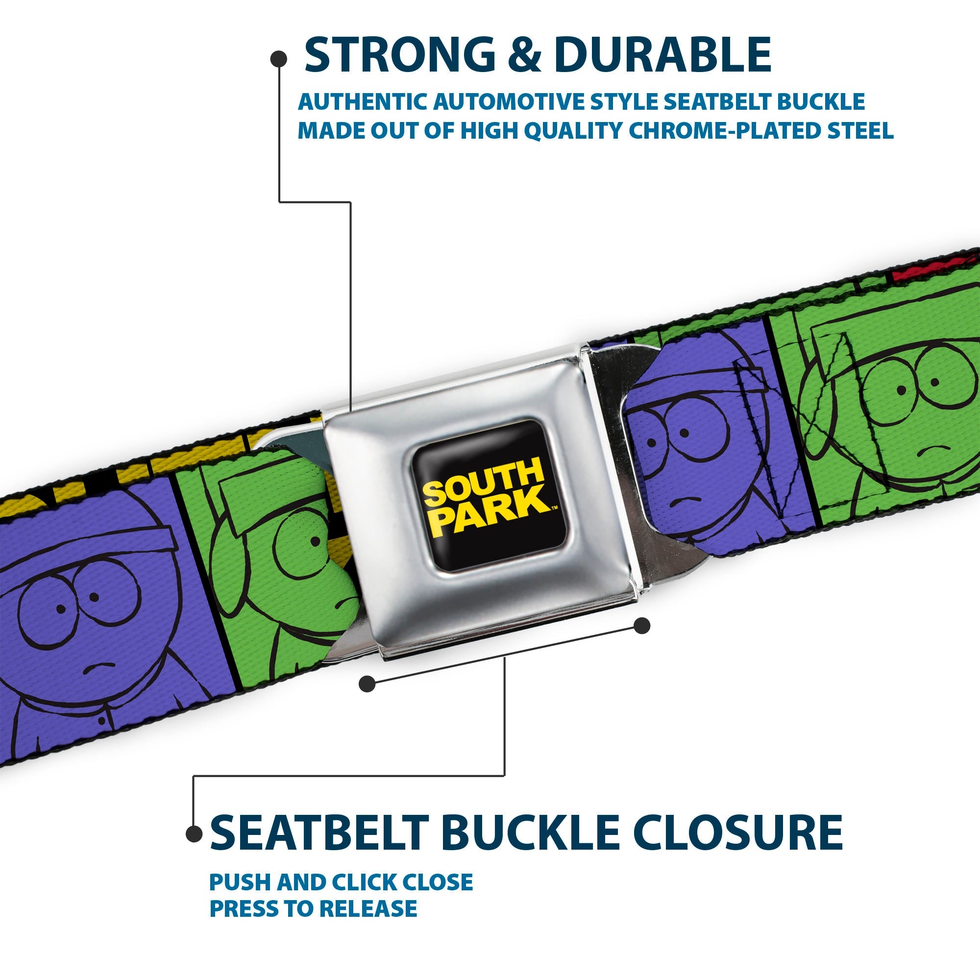 SOUTH PARK Title Logo Full Color Black/Yellow Seatbelt Belt - SOUTH PARK Boys Face Drawing and Title Logo Color Block Multi Color Webbing