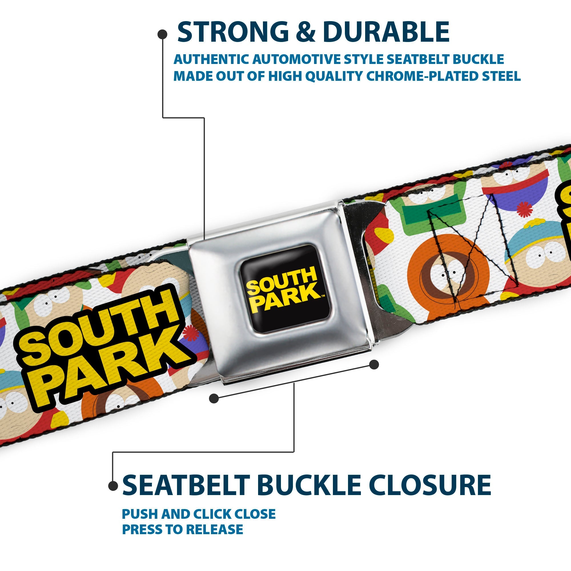 SOUTH PARK Title Logo Full Color Black/Yellow Seatbelt Belt - SOUTH PARK Title Logo and Characters Scattered White Webbing