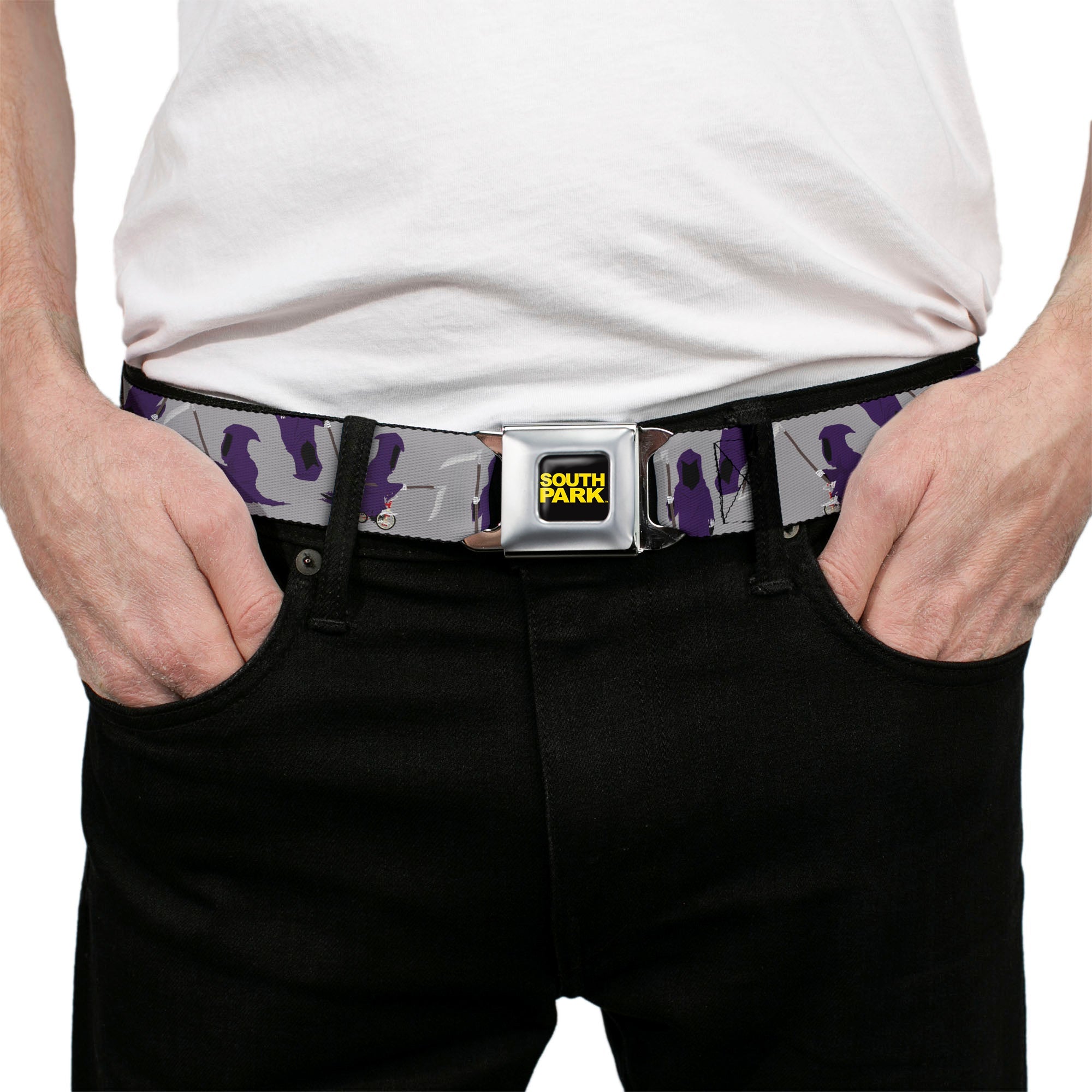 SOUTH PARK Title Logo Full Color Black/Yellow Seatbelt Belt - South Park Death Poses Scattered Gray Webbing