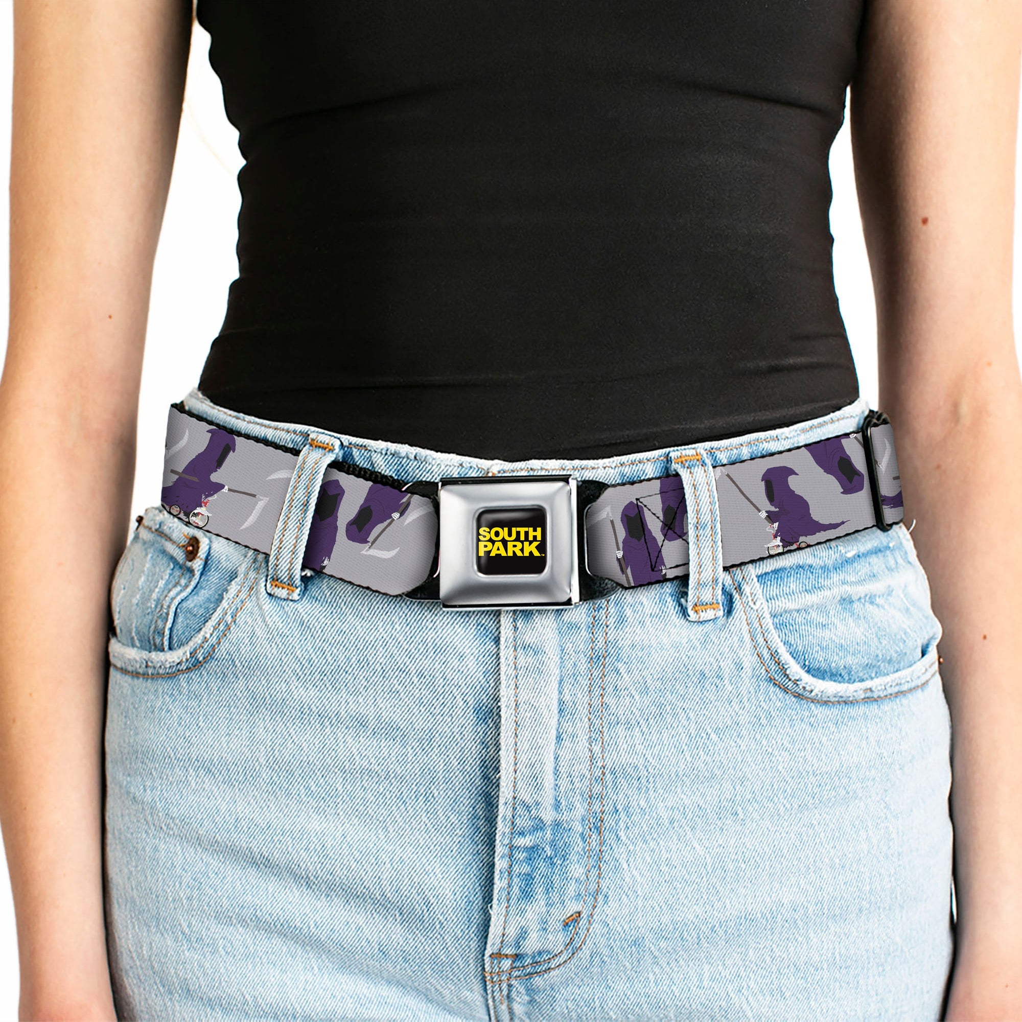 SOUTH PARK Title Logo Full Color Black/Yellow Seatbelt Belt - South Park Death Poses Scattered Gray Webbing