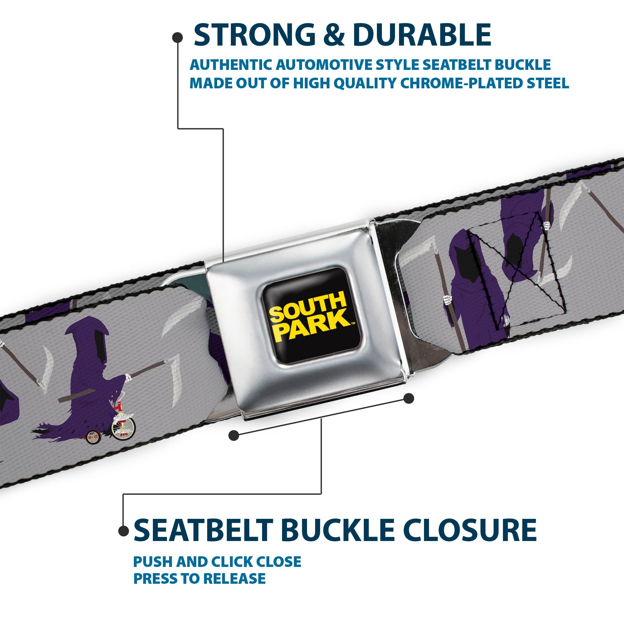 SOUTH PARK Title Logo Full Color Black/Yellow Seatbelt Belt - South Park Death Poses Scattered Gray Webbing