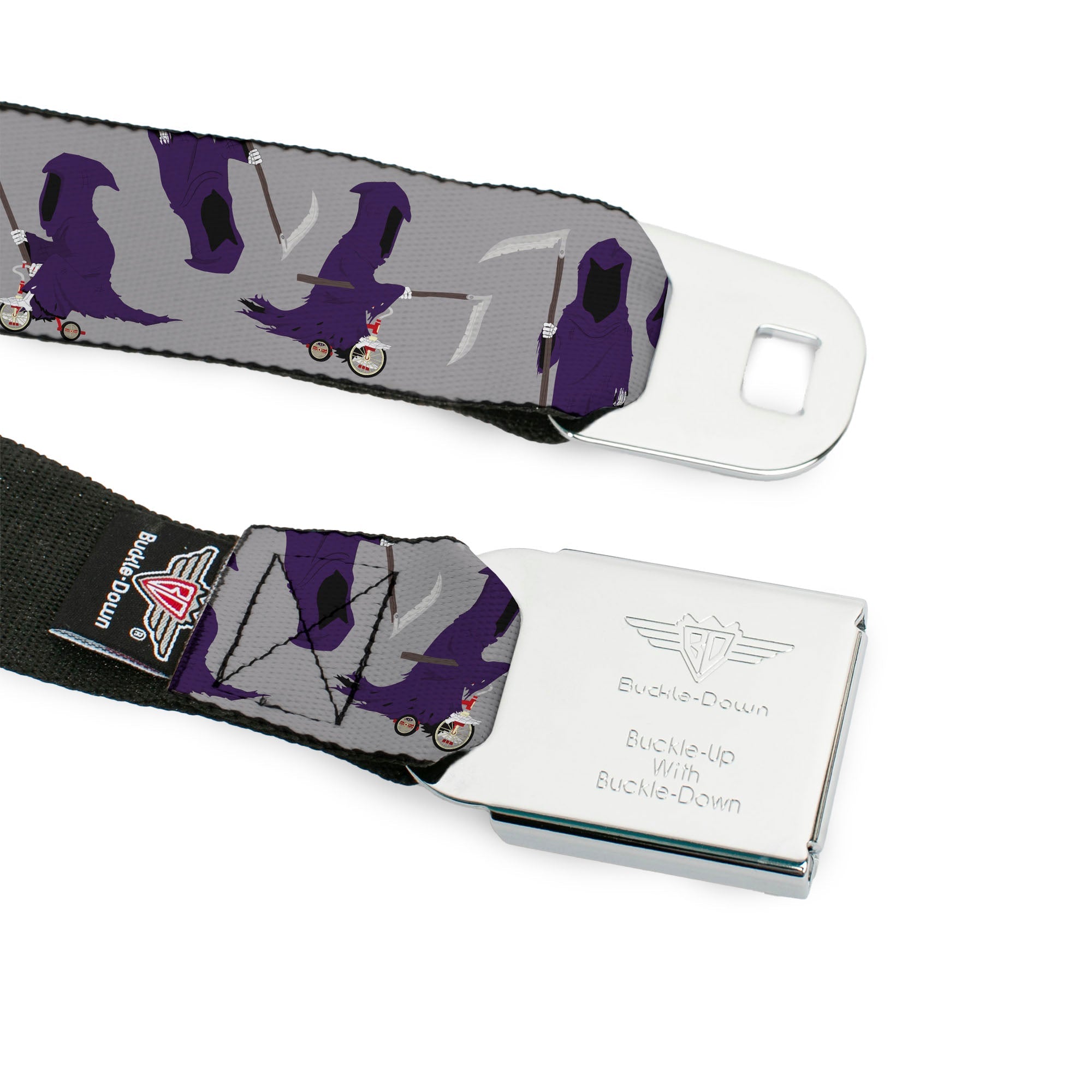 SOUTH PARK Title Logo Full Color Black/Yellow Seatbelt Belt - South Park Death Poses Scattered Gray Webbing