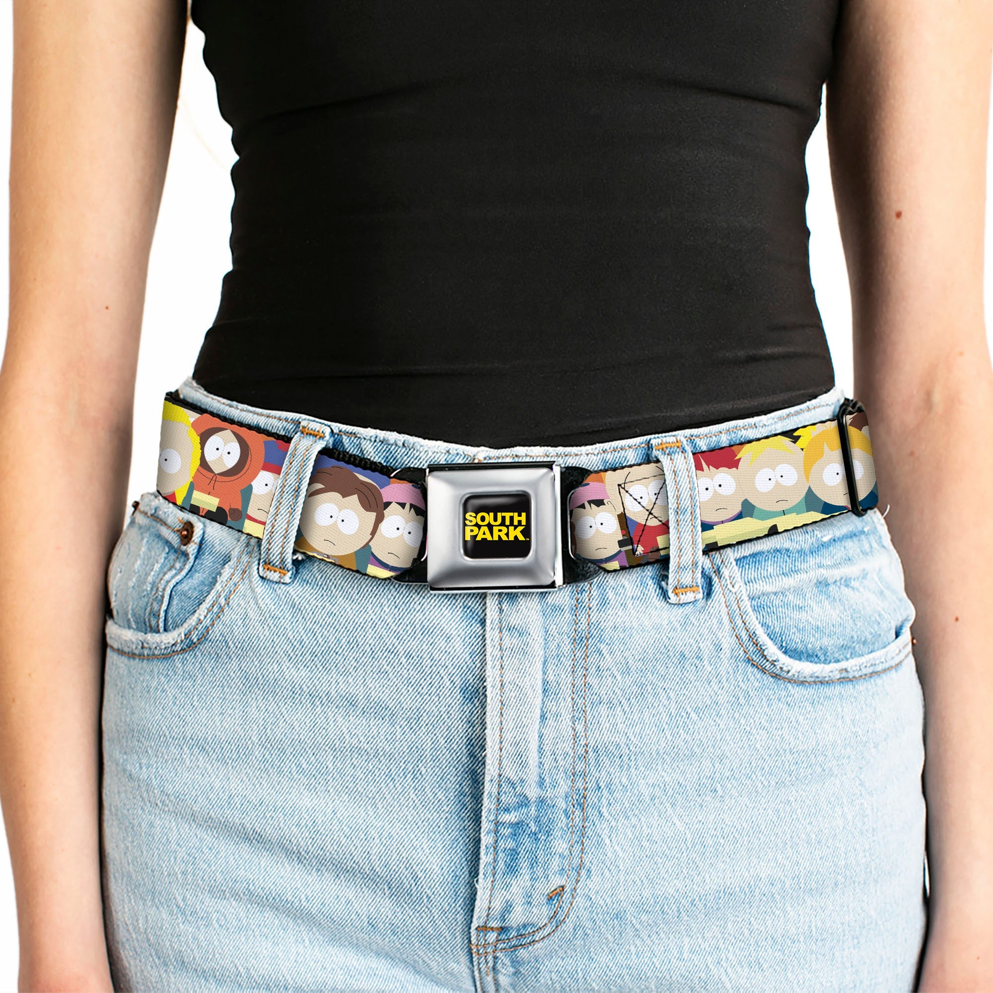 SOUTH PARK Title Logo Full Color Black/Yellow Seatbelt Belt - South Park School Kids Faces Stacked Webbing