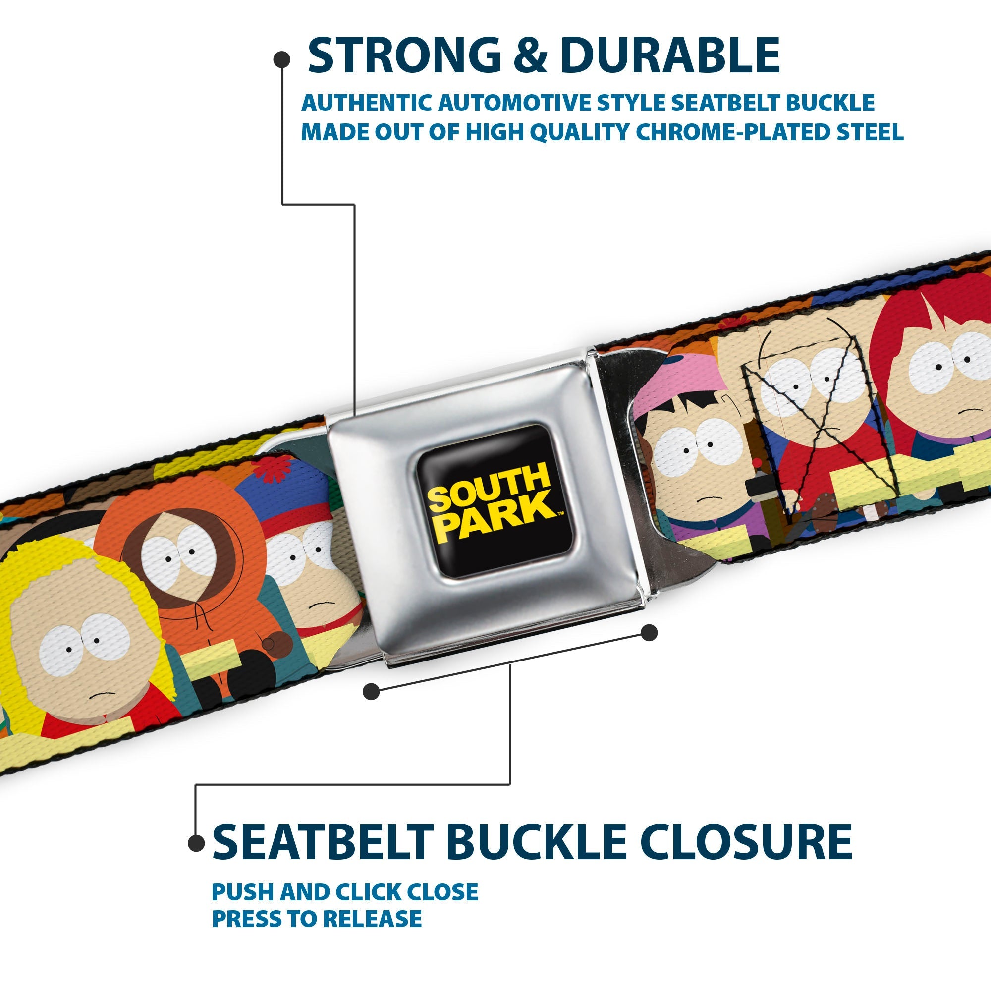 SOUTH PARK Title Logo Full Color Black/Yellow Seatbelt Belt - South Park School Kids Faces Stacked Webbing