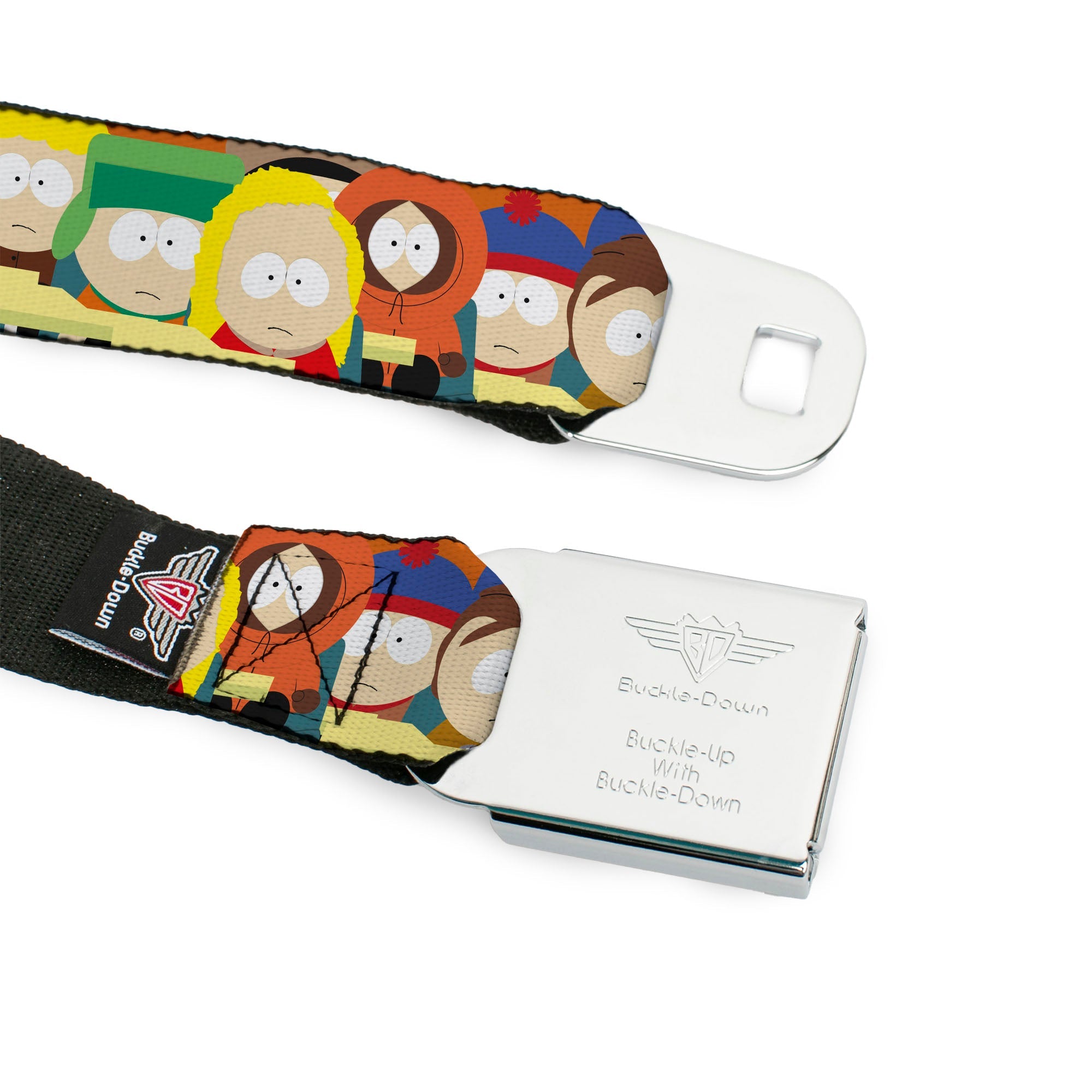 SOUTH PARK Title Logo Full Color Black/Yellow Seatbelt Belt - South Park School Kids Faces Stacked Webbing