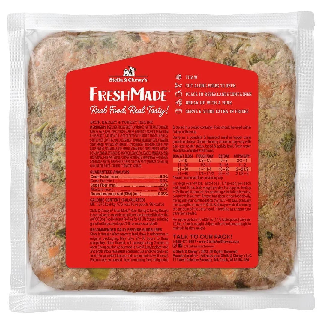 Stella & Chewy's Fresh Made Wholesome Grains Beef, Barley, & Turkey Frozen Dog Food (16oz)