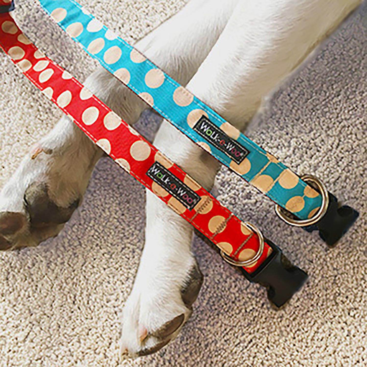Walk-e-Woo Polka Dot Dog Collars, Leads, and Bows - Tan Dots - 2 Styles