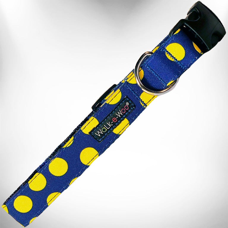 Walk-e-Woo Polka Dot Dog Collars, Leads, and Bows on Blue - 5 Styles