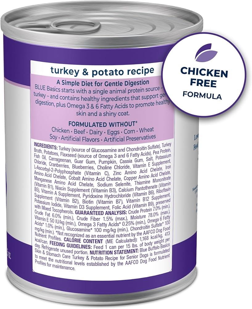 Blue Buffalo Basics, pavo y papa sin cereales para adultos, alimento húmedo para perros de dieta de ingredientes limitados, 12.5 oz