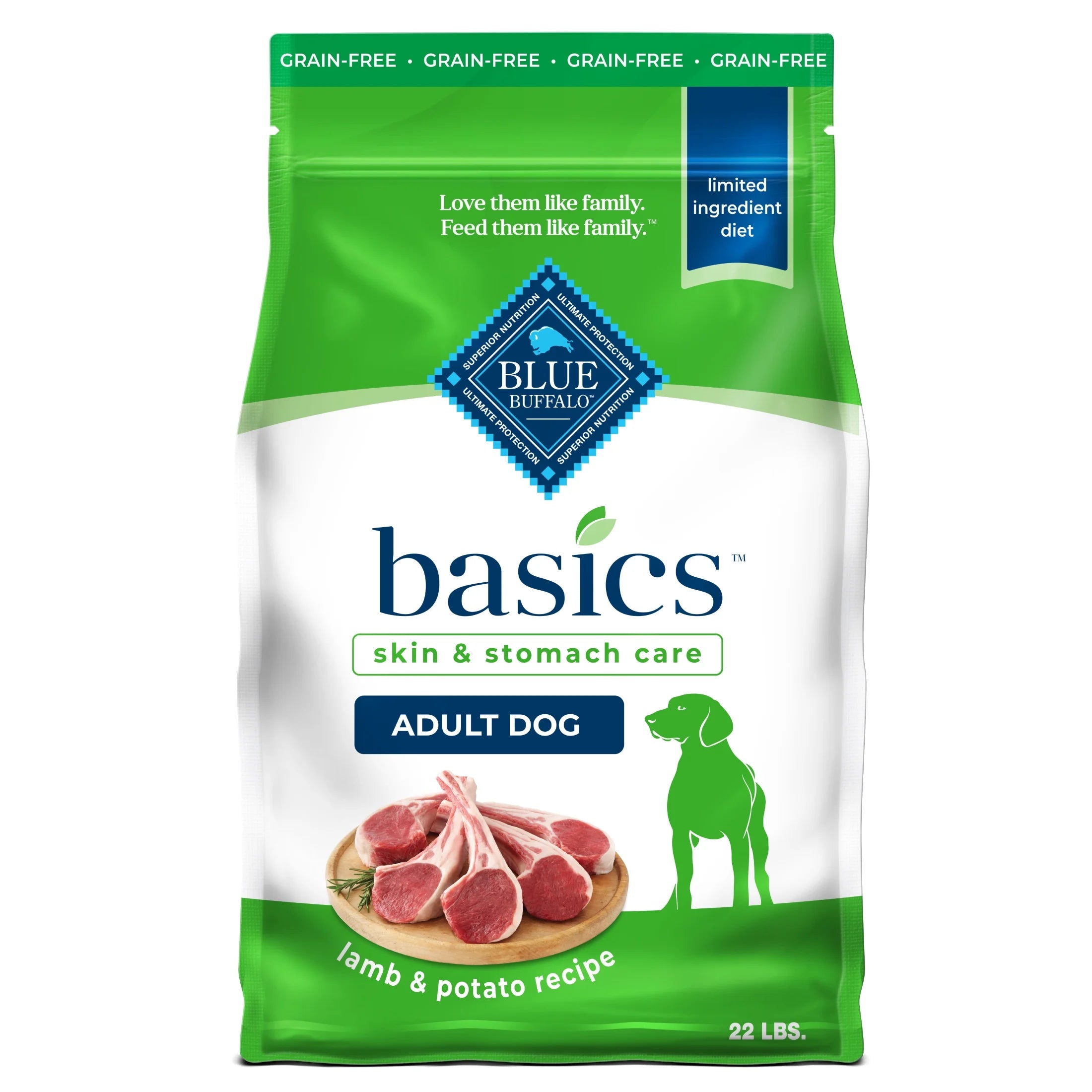 22 lb Blue Buffalo Basics Cordero y papa sin granos para adultos, alimento seco para perros con dieta de ingredientes limitados