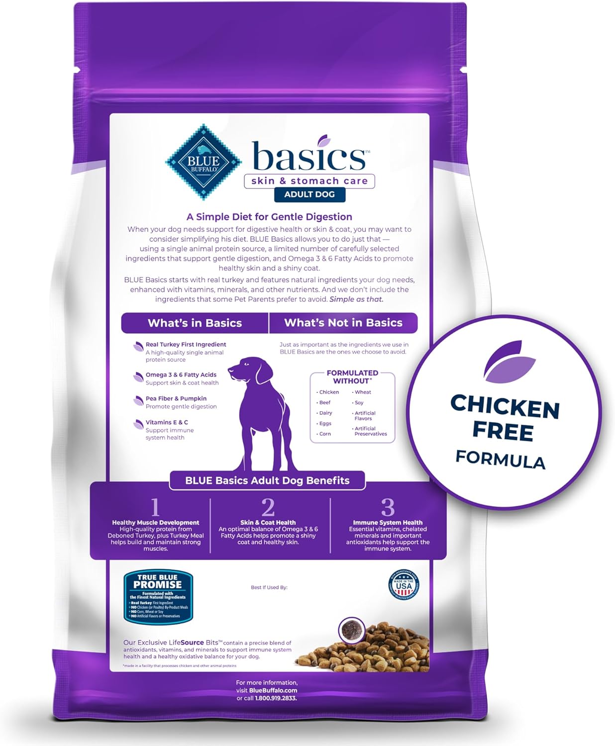 Blue Buffalo Basics, pavo y papa sin cereales para adultos, alimento seco para perros con ingredientes limitados, 24 lb