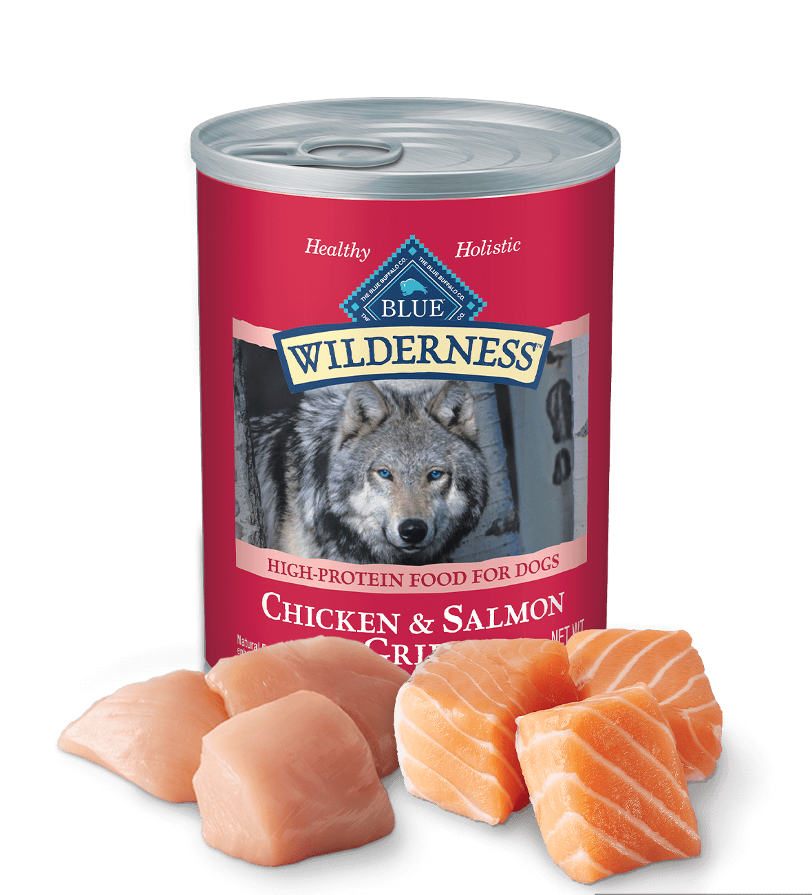 Lata húmeda para perros adultos sin cereales Blue Buffalo Wilderness de 12,5 oz con salmón y pollo