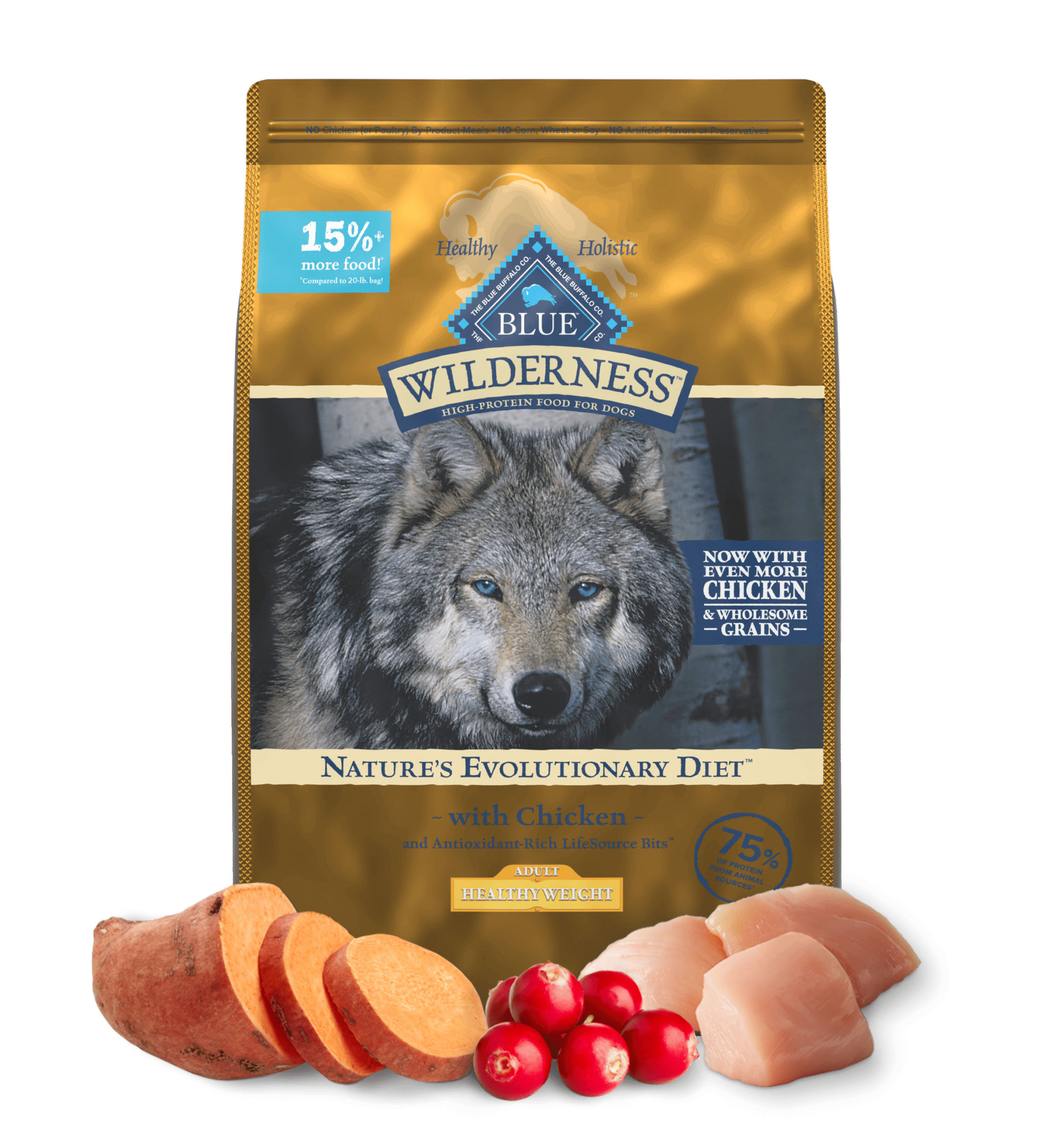 24 lb Blue Buffalo Wilderness Pollo adulto de peso saludable con granos saludables Alimento seco para perros