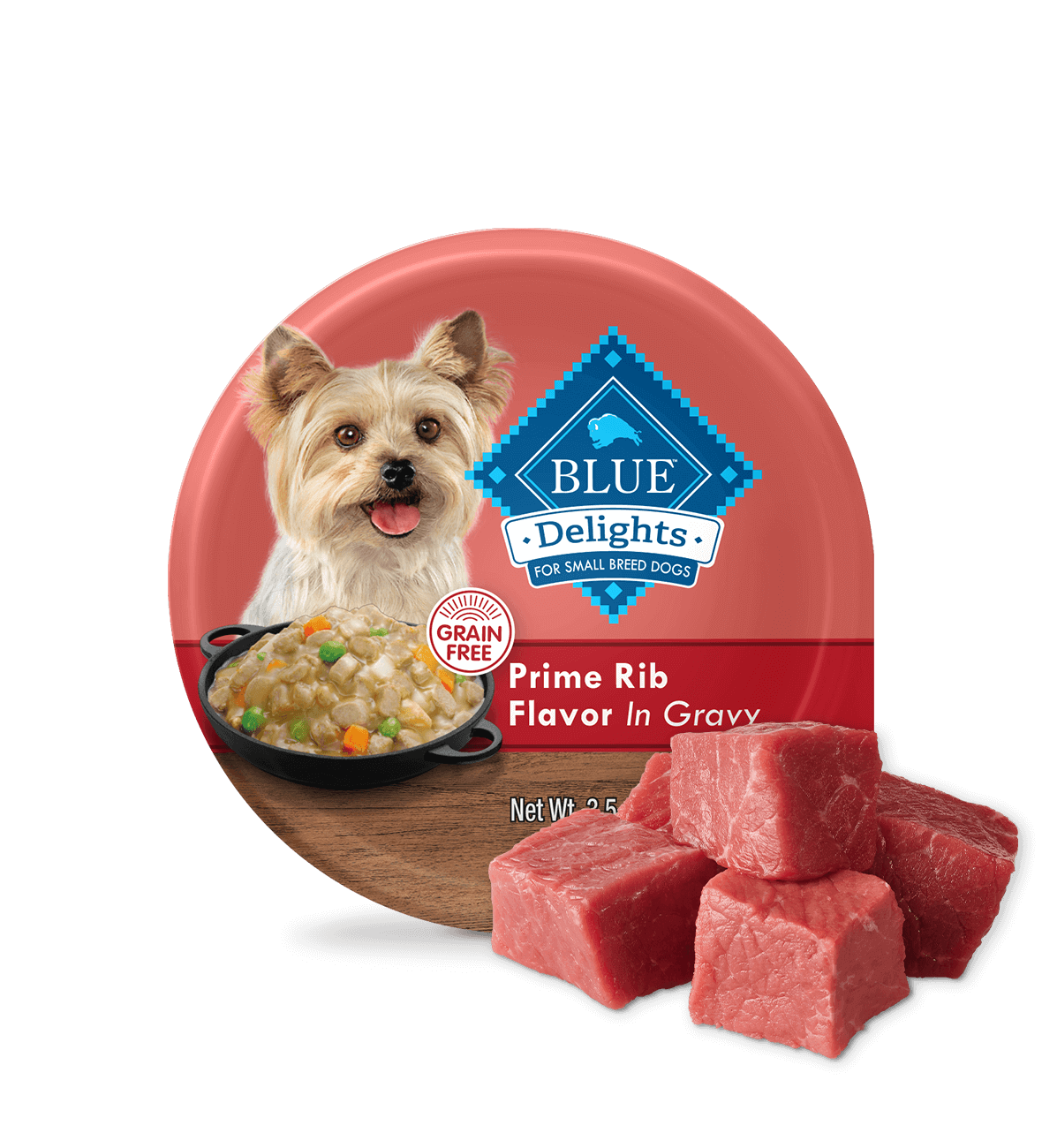 Blue Buffalo Delights, 3.5 oz, sabor Prime Rib para perros adultos de raza pequeña en abundante comida húmeda para perros con salsa