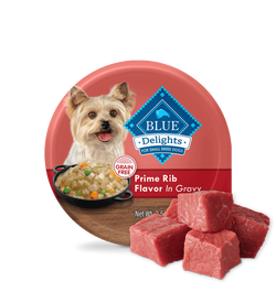 Blue Buffalo Delights, 3.5 oz, sabor Prime Rib para perros adultos de raza pequeña en abundante comida húmeda para perros con salsa