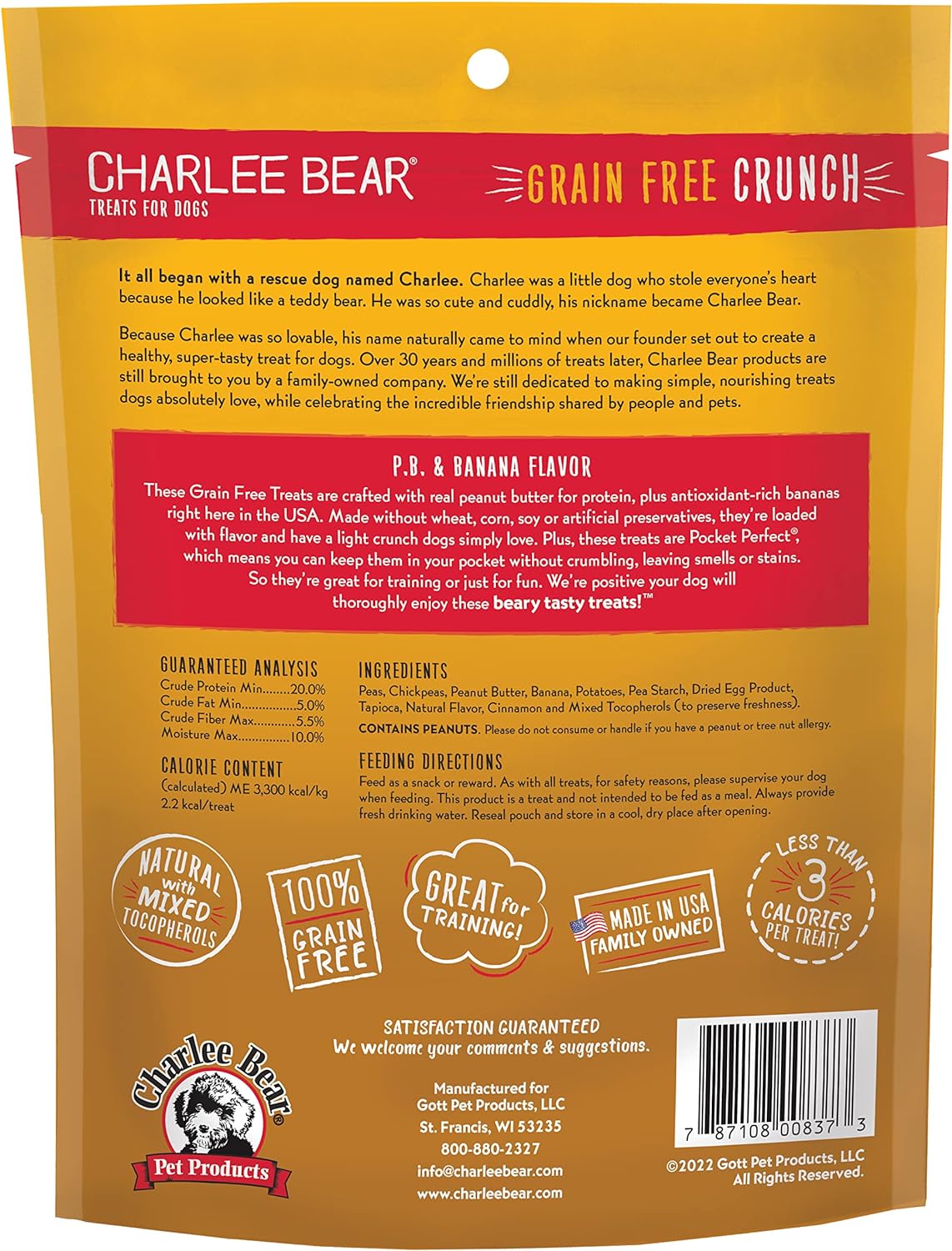 Golosinas para perros Charlee Bear Crunch PB y plátano sin cereales, 8 oz