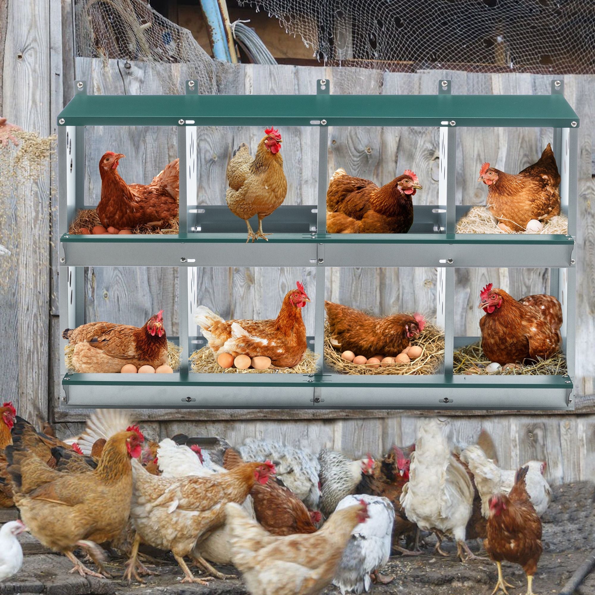 8-Compartment Chicken Nesting Box – Galvanized Steel Wall-Mount Coop
