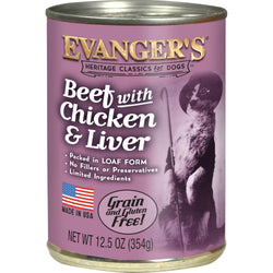 Alimento húmedo para perros Evanger's Classic All Life Stages de 12.5 oz de carne, pollo e hígado