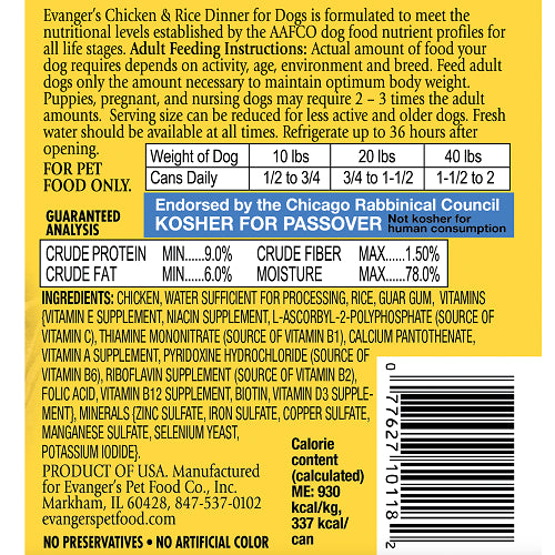 Lata húmeda para perros Evanger's Classic All Life Stages de pollo y arroz de 12.5 oz