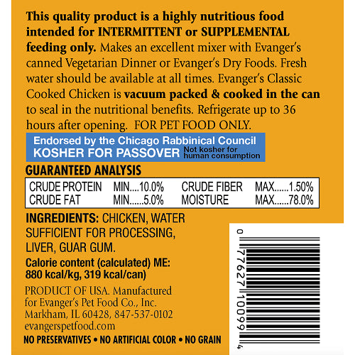 Lata para perros húmeda de pollo cocido Evanger's All Life Stages de 12.5 oz