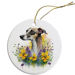 Dog Breed Specific Round Christmas Ornament, "Greyhound"